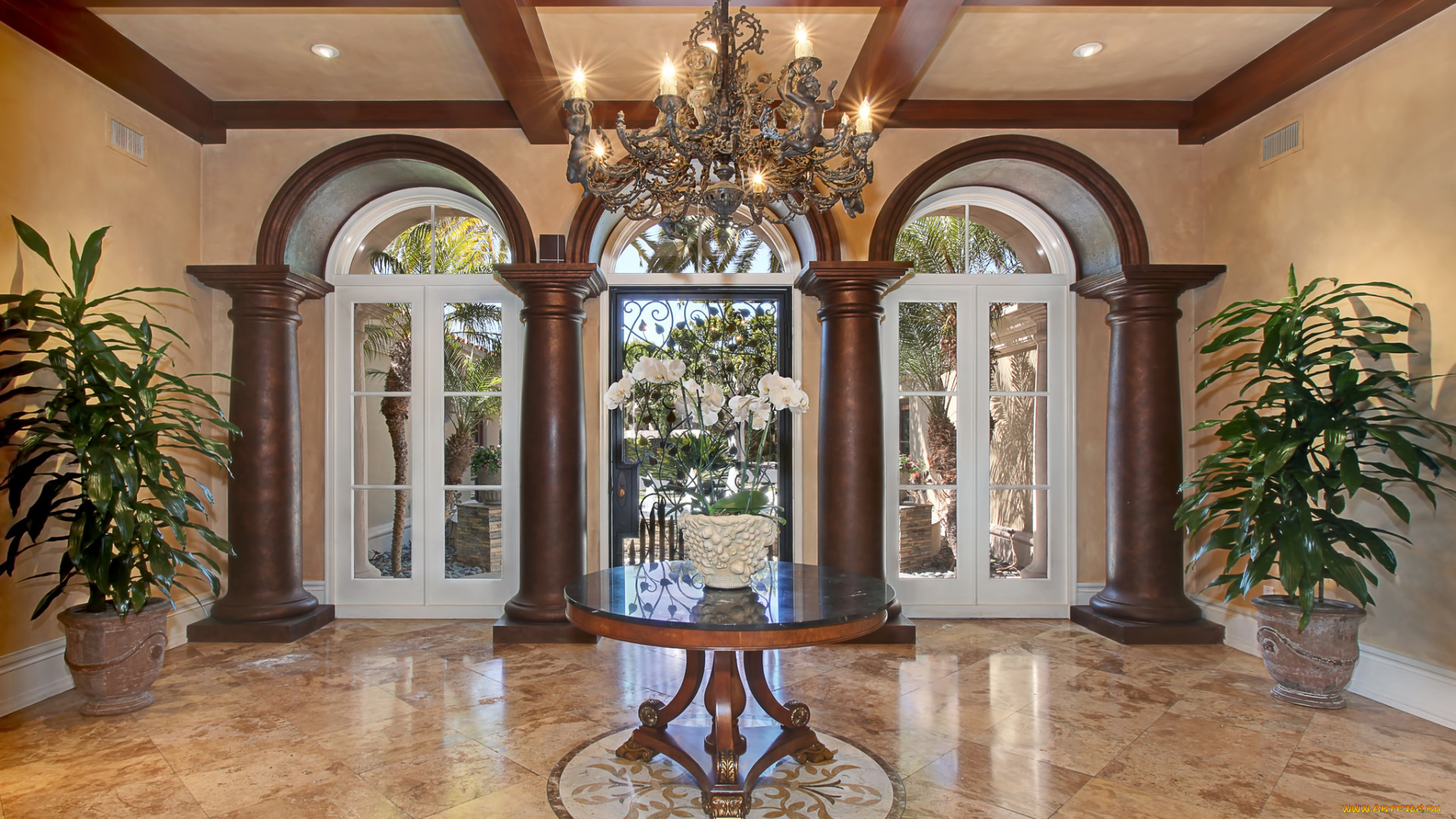 интерьер, -, другое, прихожая, столик, цветы, люстра, стильно