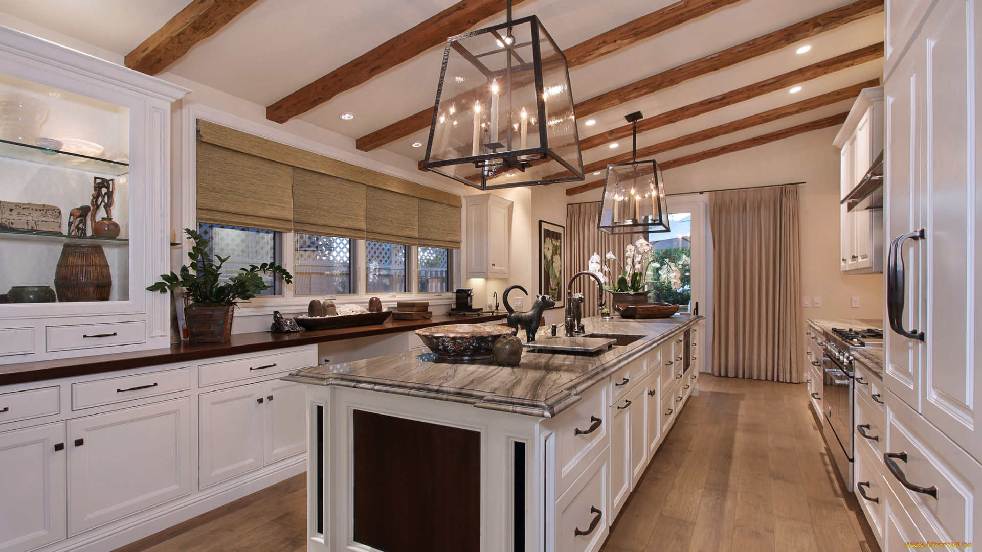 интерьер, кухня, люстры, цветы, стиль