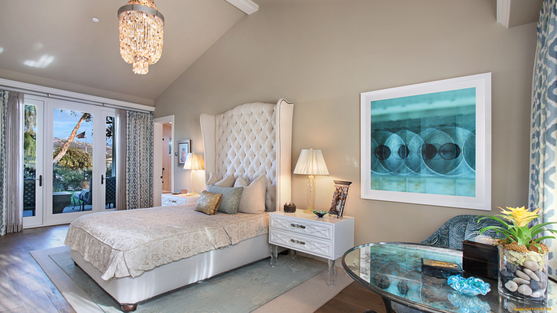 интерьер, спальня, столик, люстра, светильник, стиль