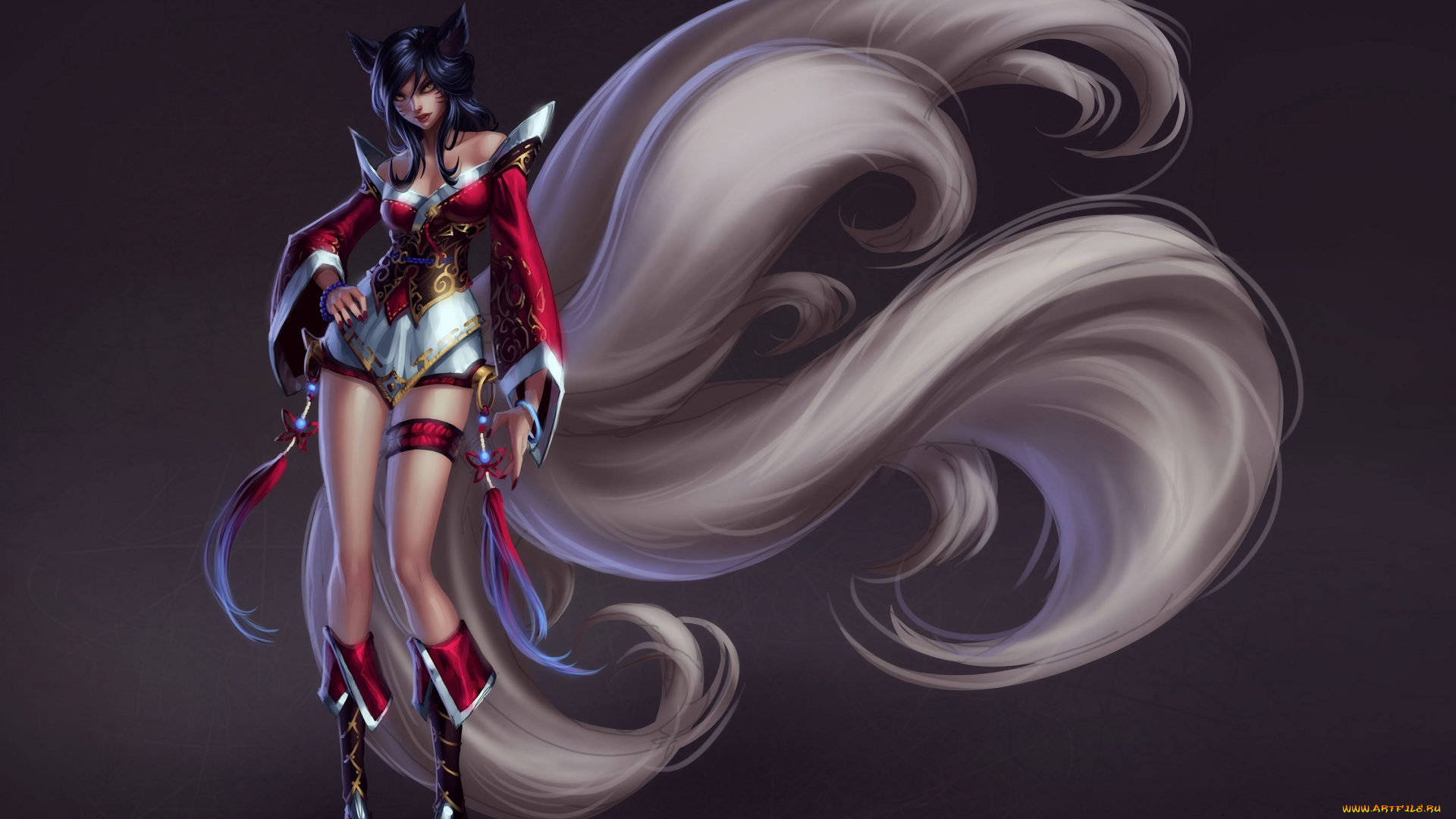 league, of, legends, фэнтези, существа, хвосты, ушки, улыбка, взгляд, ahri, девушка, art, league, of, legends, фон, лисица