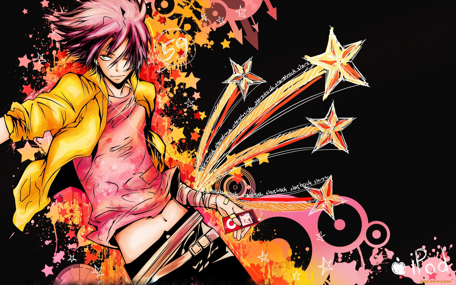 аниме, katekyo, hitman, reborn, штаны, футболка, рубашка, ремень, наушники, звезды, плеер, парень, gokudera, hayato