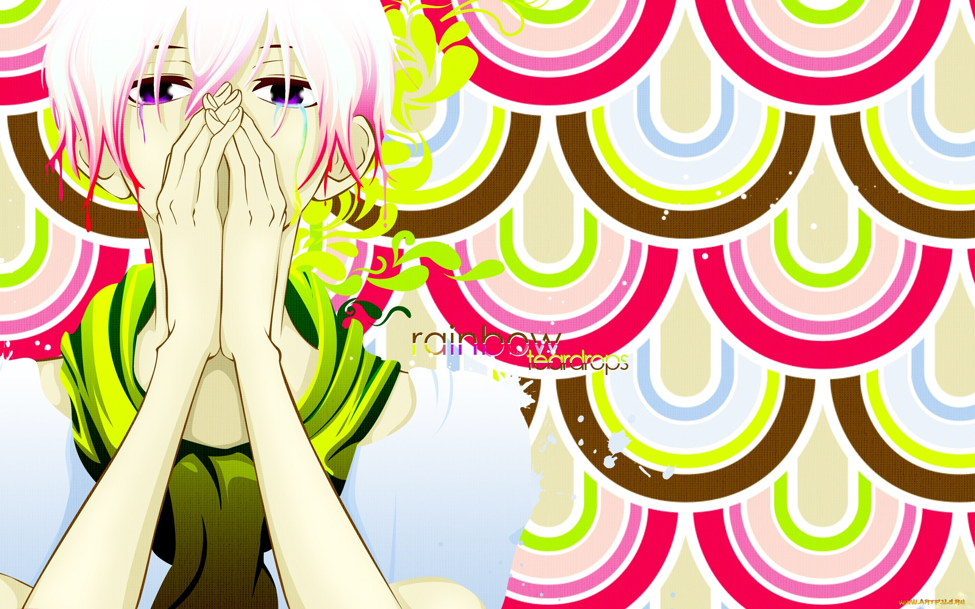 аниме, *unknown, , другое, шарф, слезы, узор, волосы, футболка, руки, капли, краски, парень