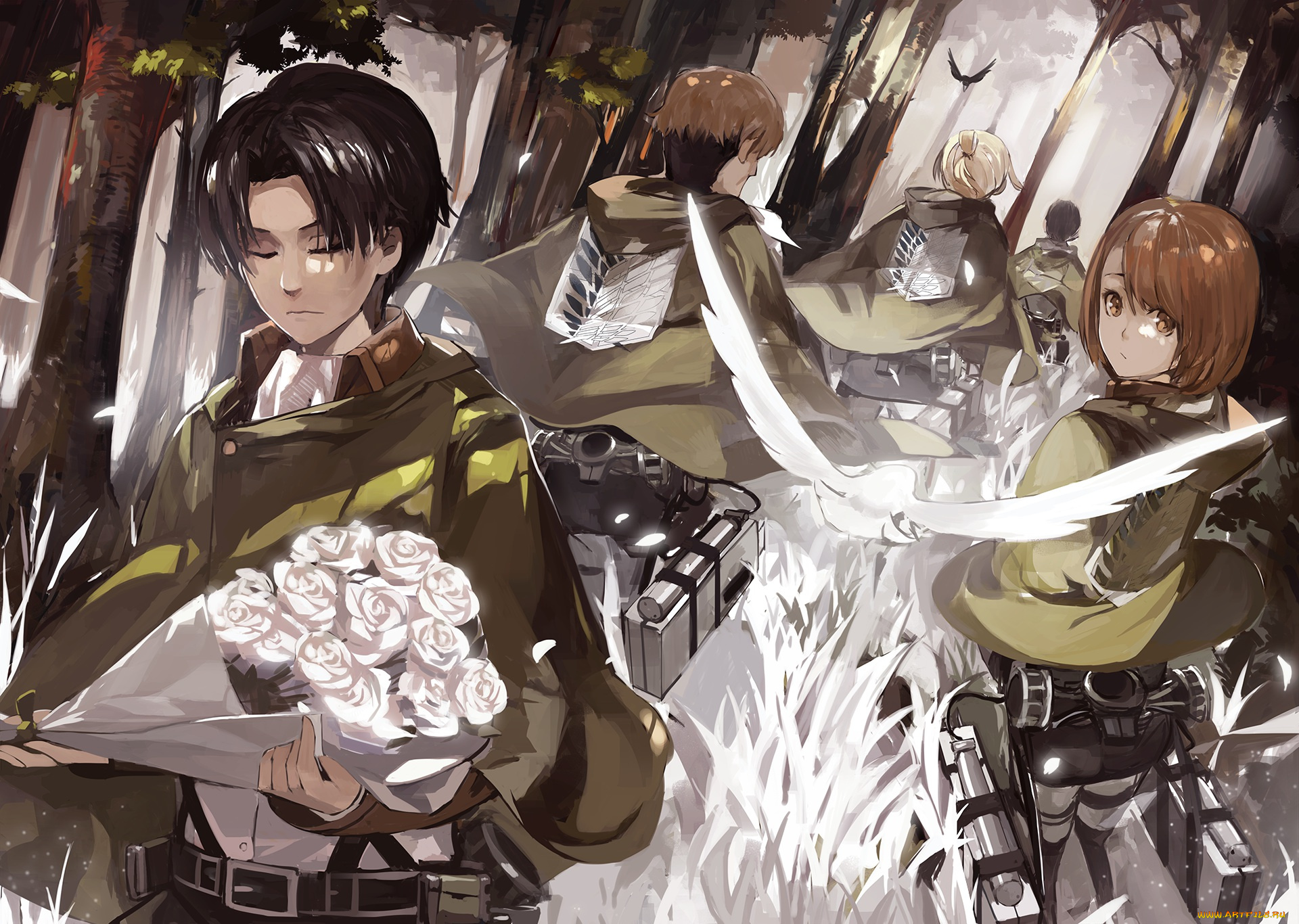 аниме, shingeki, no, kyojin, petra, ral, levi, атака, титанов, арт, персонажи, парень, rivaille, капрал, букет