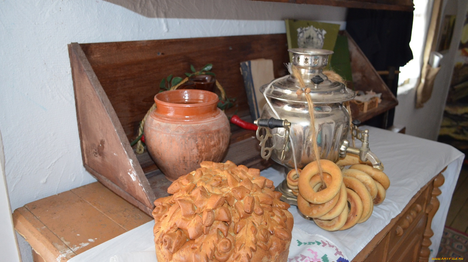 разное, посуда, , столовые, приборы, , кухонная, утварь, бублики, кувшин, самовар, хлеб, стол