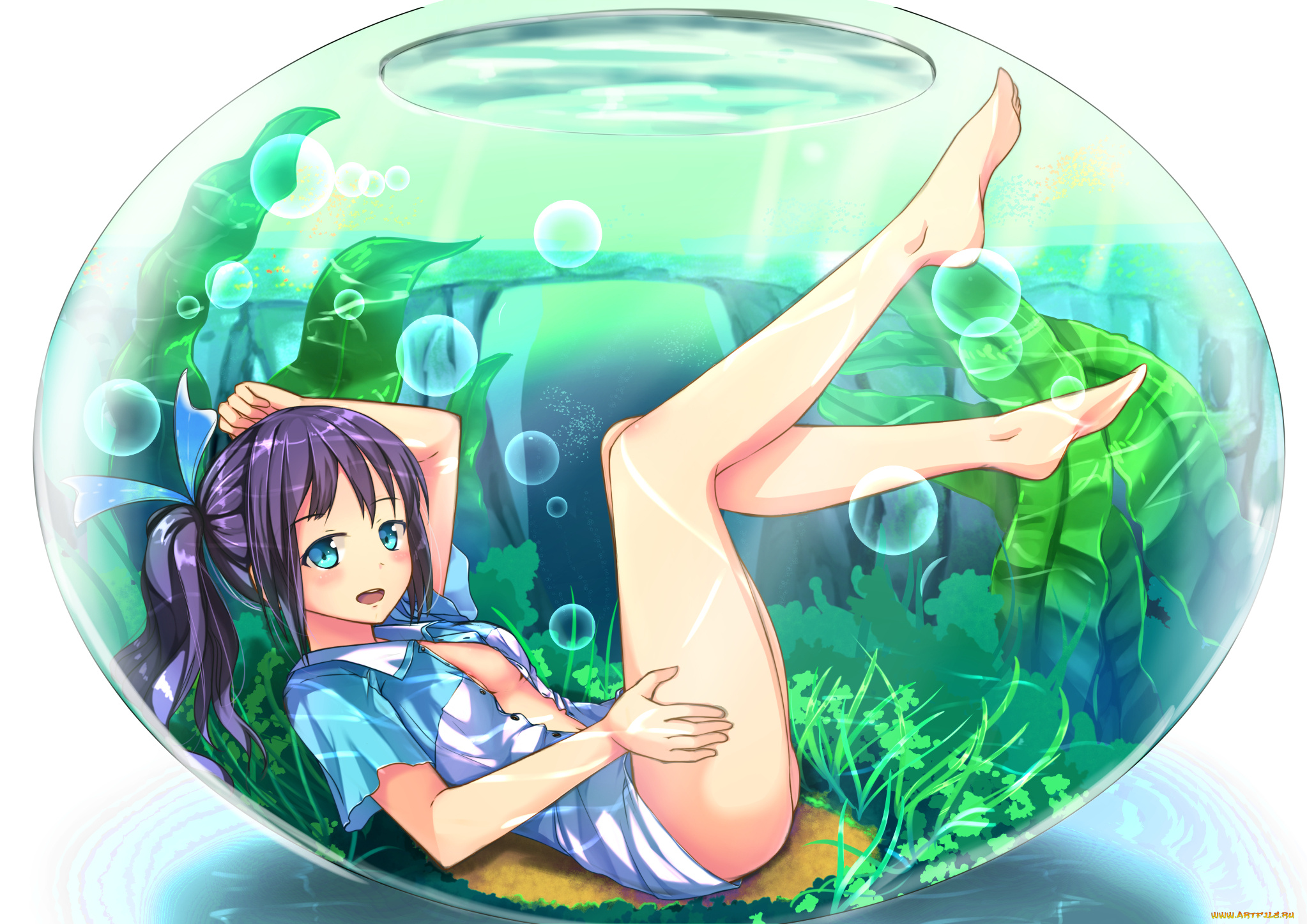 аниме, *unknown, , другое, арт, yan, nicknikg, девушка, аквариум, вода, водоросли, улыбка