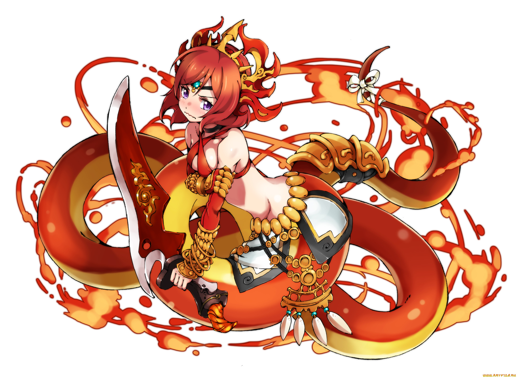 аниме, -weapon, , blood, &, technology, арт, девушка, белый, фон, украшение, оружие, меч, змея