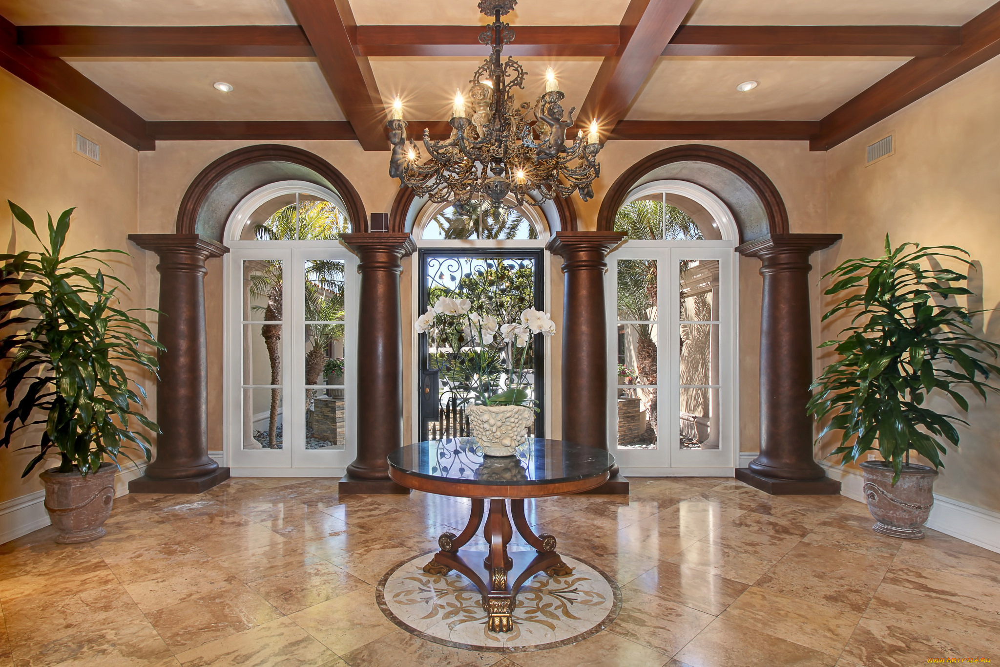 интерьер, -, другое, прихожая, столик, цветы, люстра, стильно