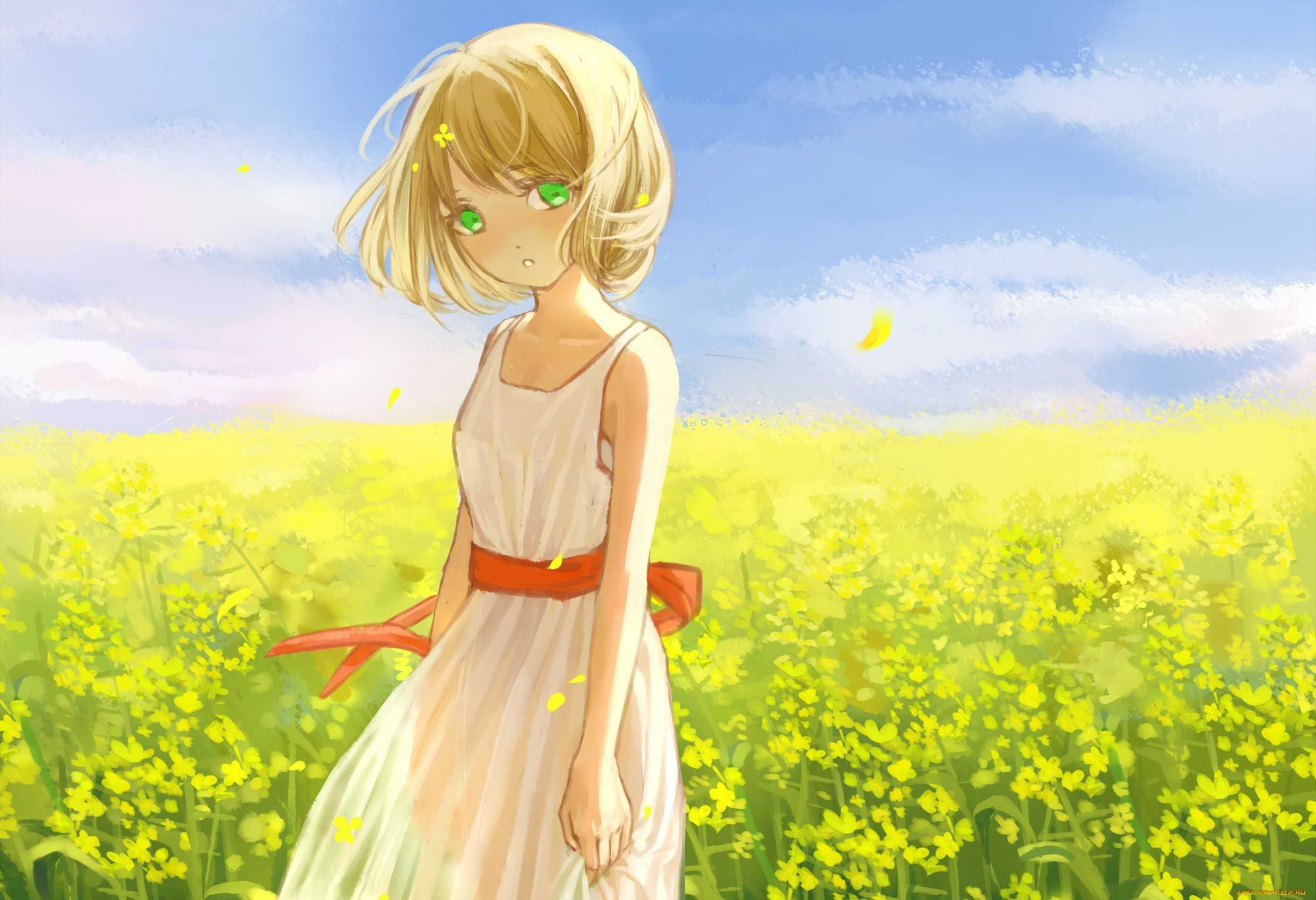 аниме, *unknown, , другое, арт, цветы, желтые, платье, поле, девочка, clouble