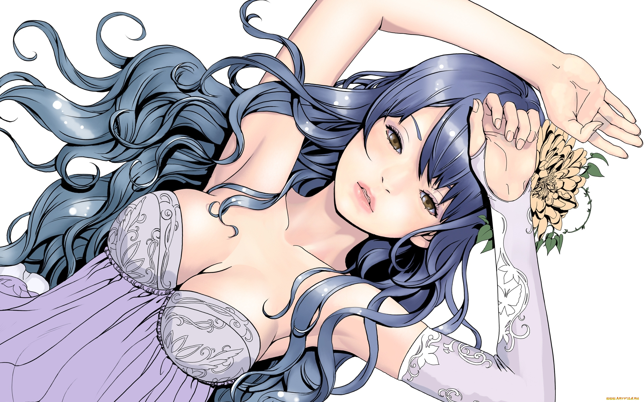 аниме, *unknown, , другое, пеньюар, девушка, цветы, волосы, белый, фон