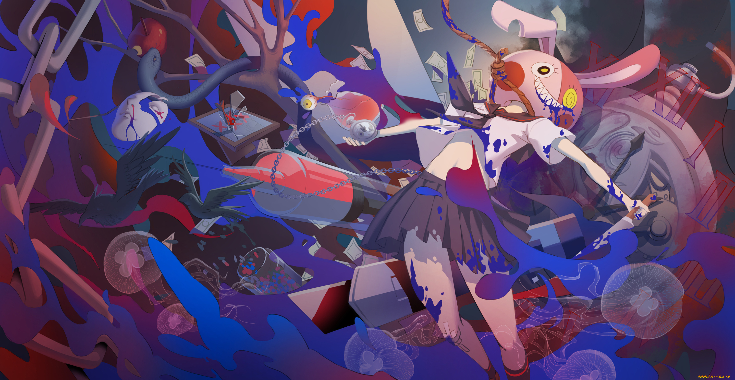 аниме, -weapon, , blood, &, technology, птицы, медузы, маска, арт, нож, верёвка, часы, вороны, девушка, цепь