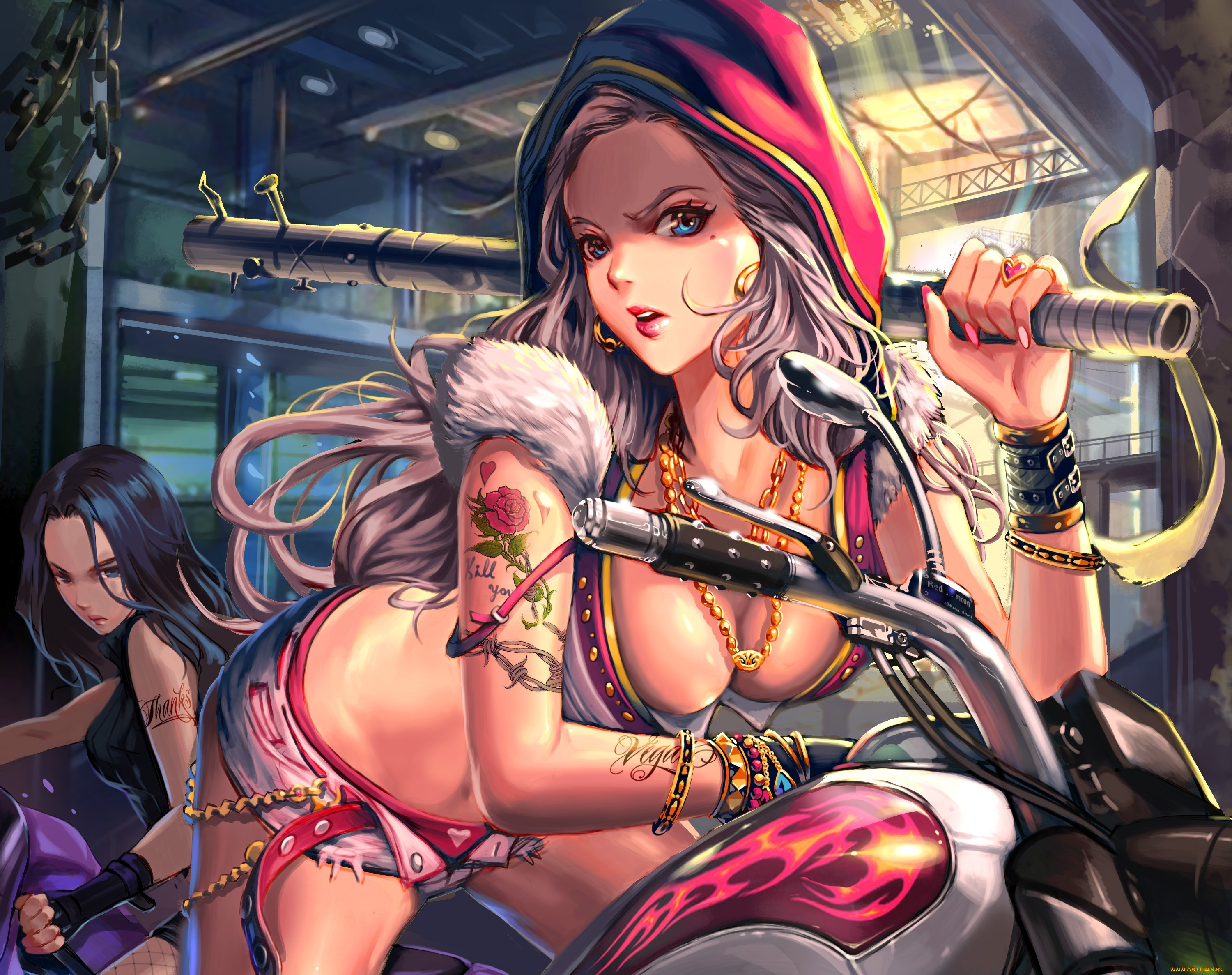 аниме, -weapon, , blood, &, technology, злость, взгляд, девушки, art, redmoon, оружие, бита, мотоцикл, грудь