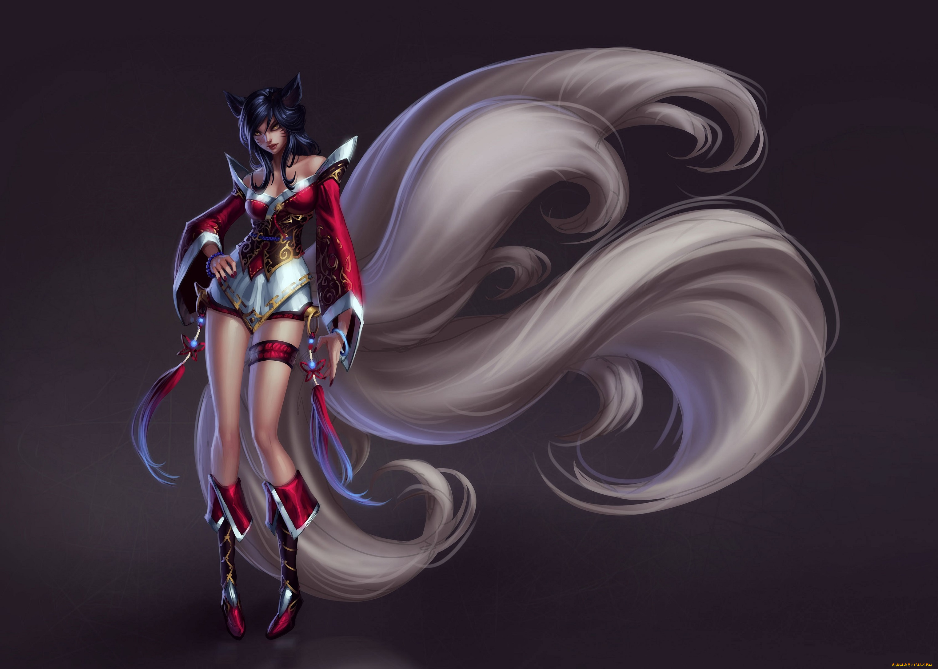 league, of, legends, фэнтези, существа, хвосты, ушки, улыбка, взгляд, ahri, девушка, art, league, of, legends, фон, лисица