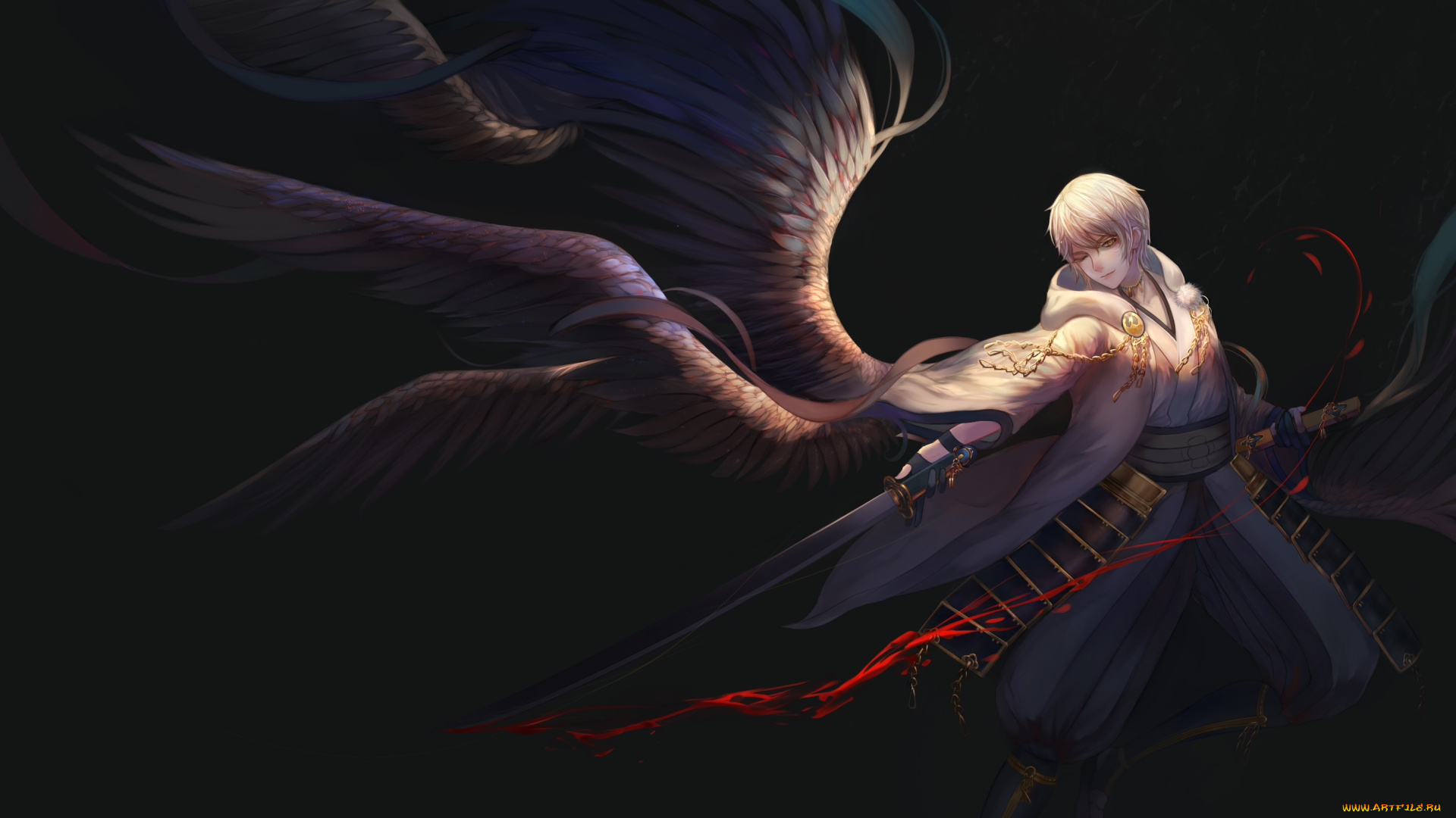 аниме, ангелы, , демоны, крылья, yuuko, арт, катана, кровь, оружие, tsurumaru, kuninaga, парень, touken, ranbu