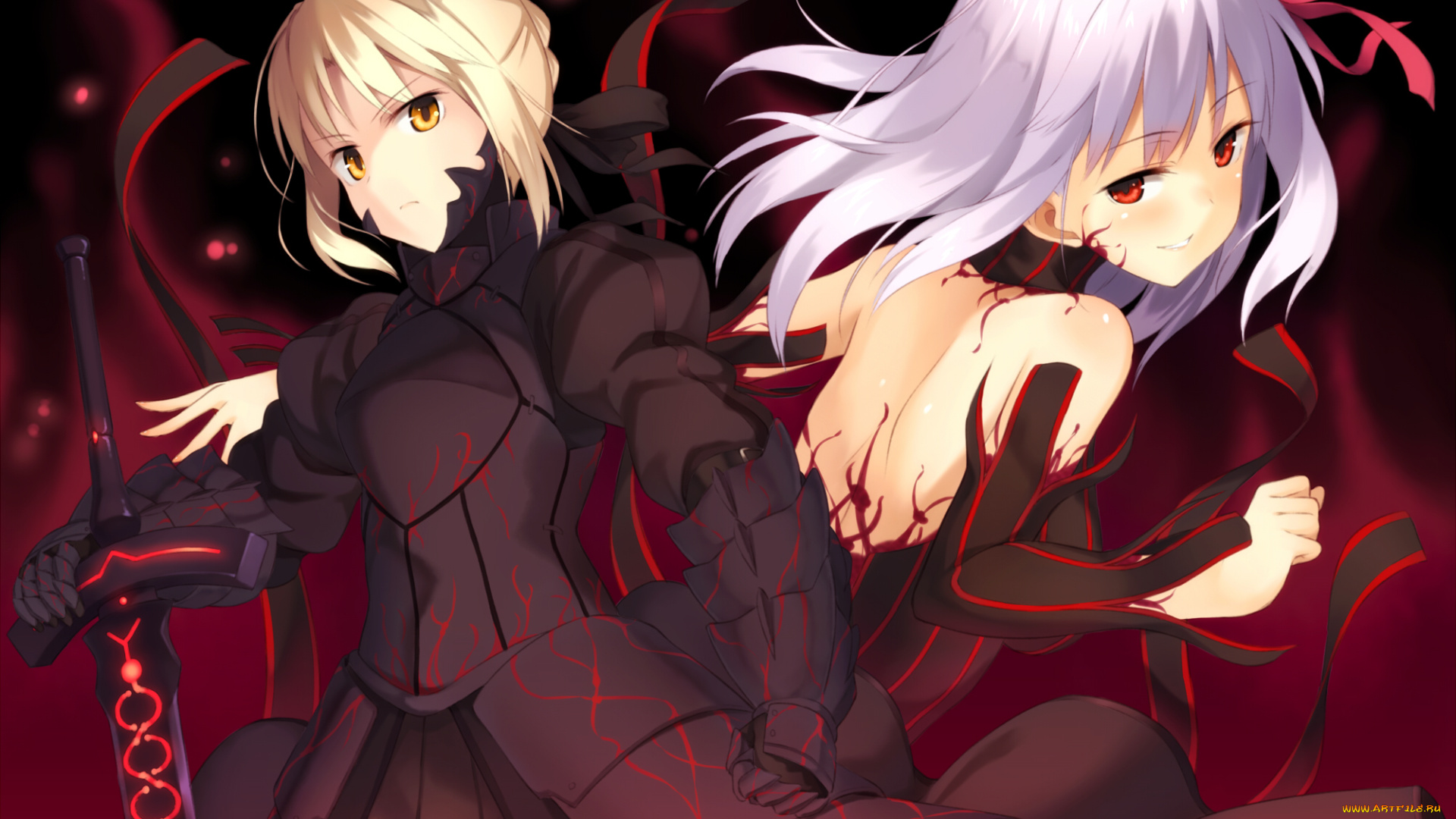 аниме, fate, stay, night, арт, dark, matou, sakura, saber, stay, night, distortion, kinta, оружие, меч, девушки