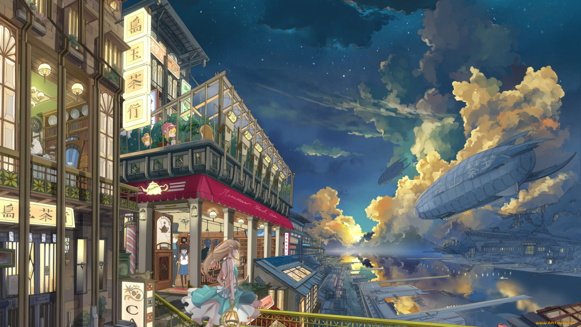 аниме, город, , улицы, , здания, remosse512, арт, здания, девушка, облака, вечер, дирижабль, фантастика