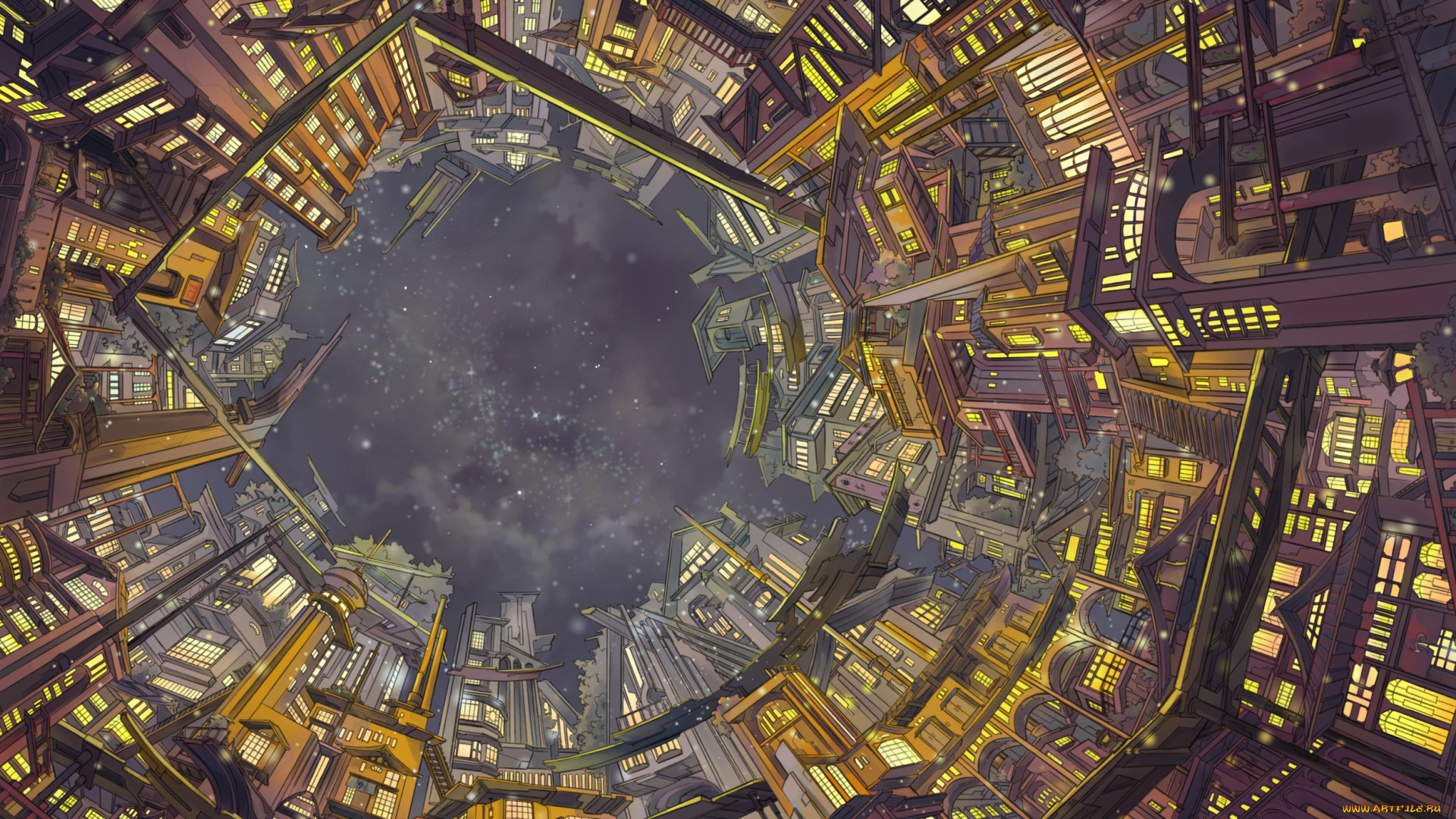 аниме, город, , улицы, , здания, remosse512, строения, ночь, небо