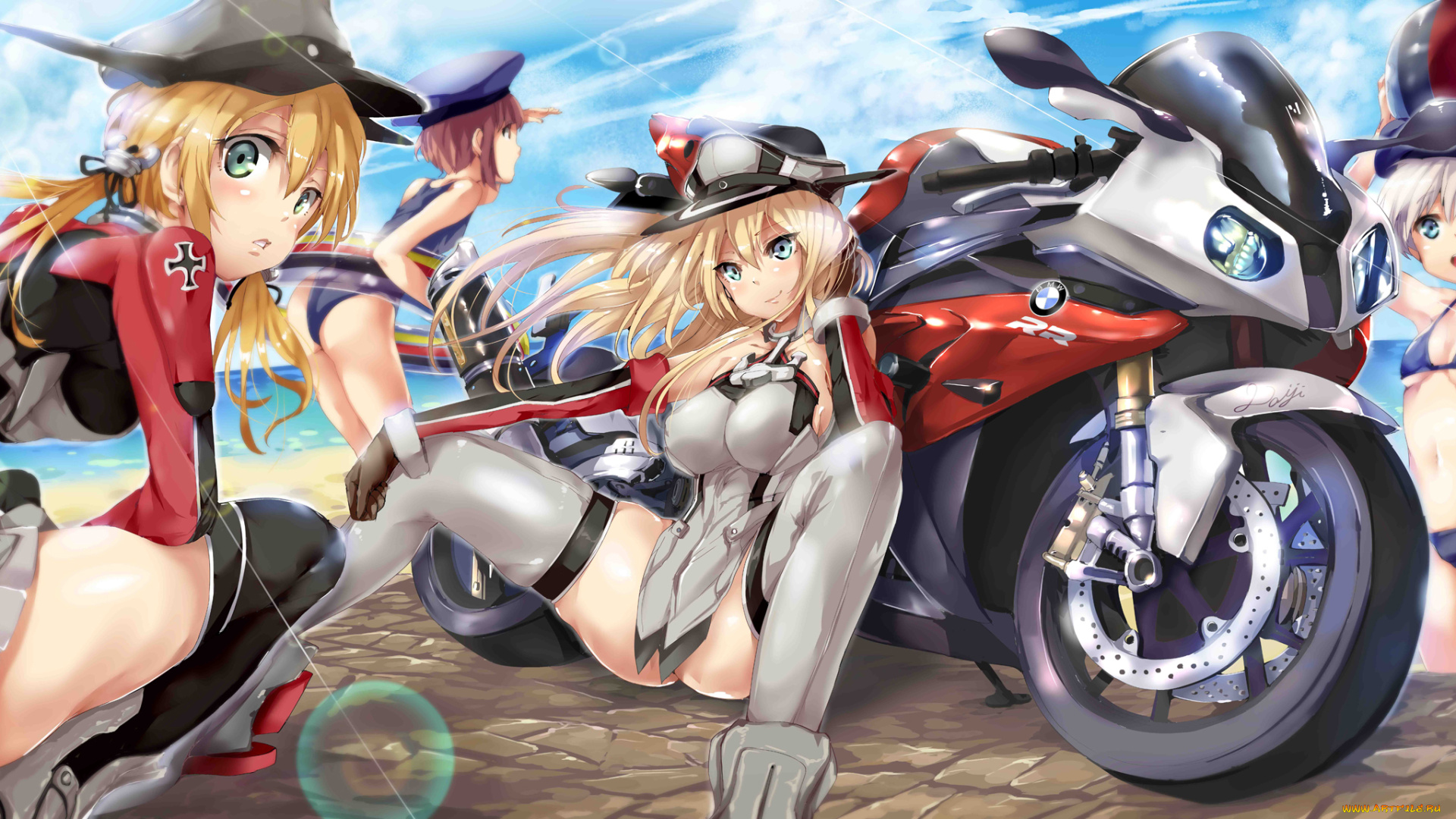 аниме, kantai, collection, kantai, collection, bismarck, kancolle, мотоцикл, prinz, eugen, z1, leberecht, maass, z3, max, schultz, арт, девушки, armadillo-tokage