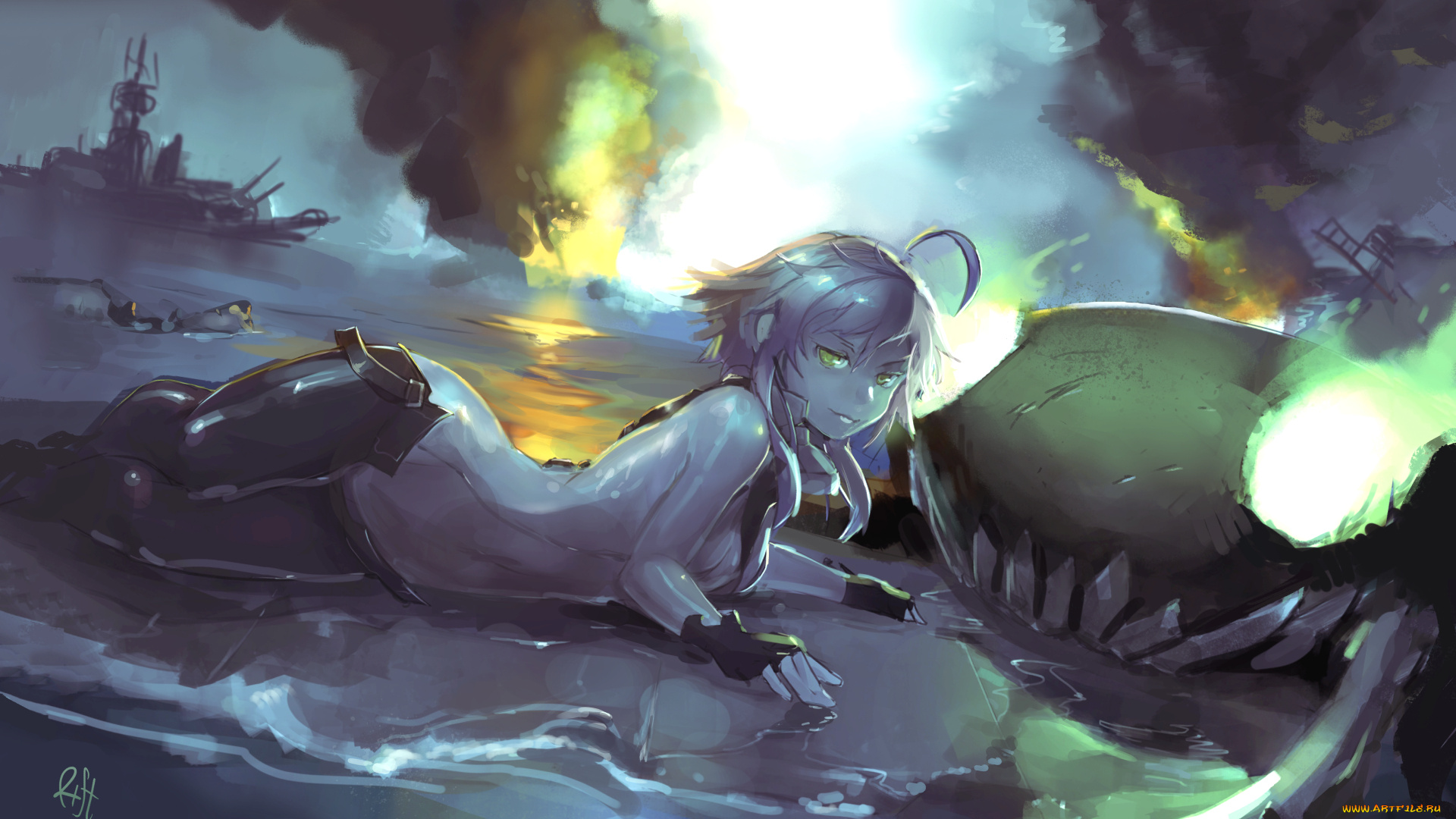 аниме, kantai, collection, wo-class, aircraft, carrier, kantai, collection, взгляд, берег, девушка, арт, riftgarret, море