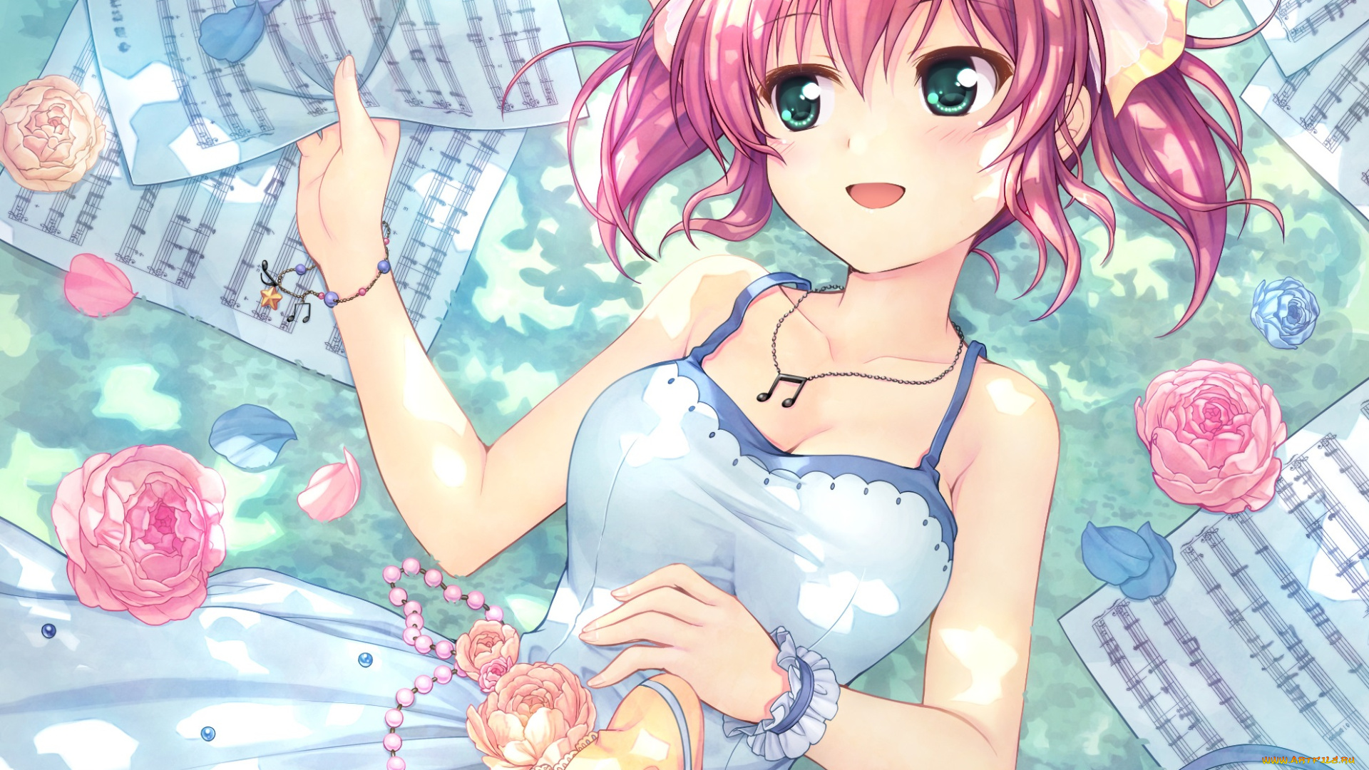 аниме, музыка, девочка, лепестки, kodachi, nagi, цветы, daitoshokan, no, hitsujikai, ноты, bekkankou, арт