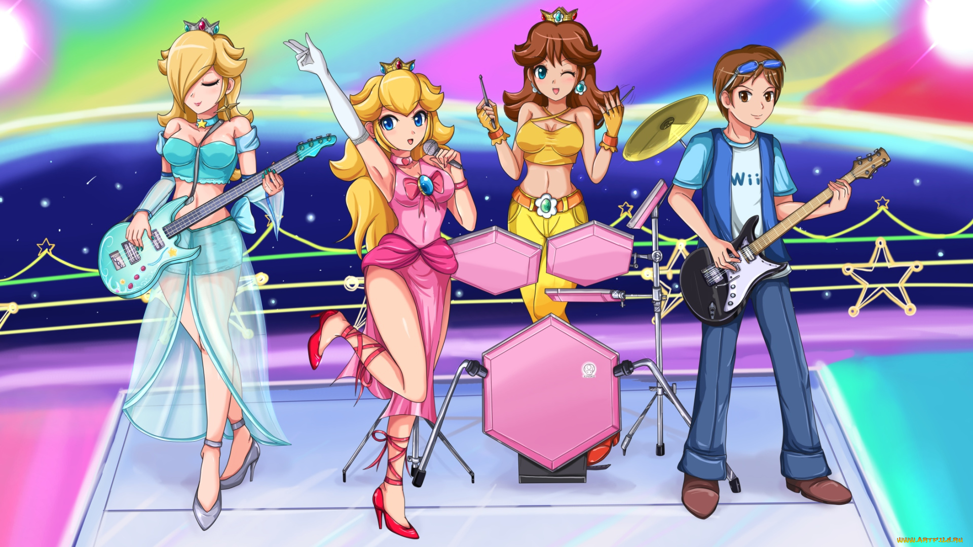 аниме, музыка, девушки, арт, sigurdhosenfeld, rosalina, super, mario, princess, daisy, peach