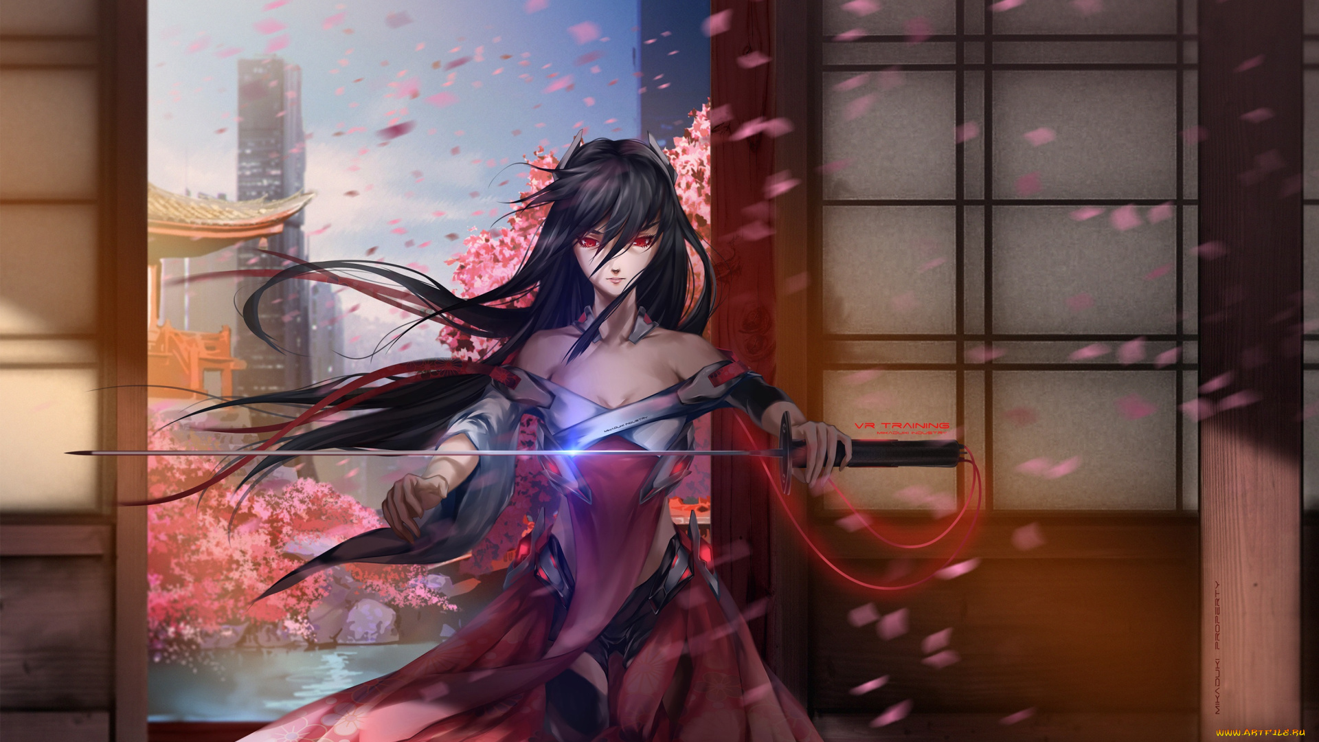 аниме, оружие, , техника, , технологии, mikazuki, industry, арт, девушка, меч, весна, лепестки, город