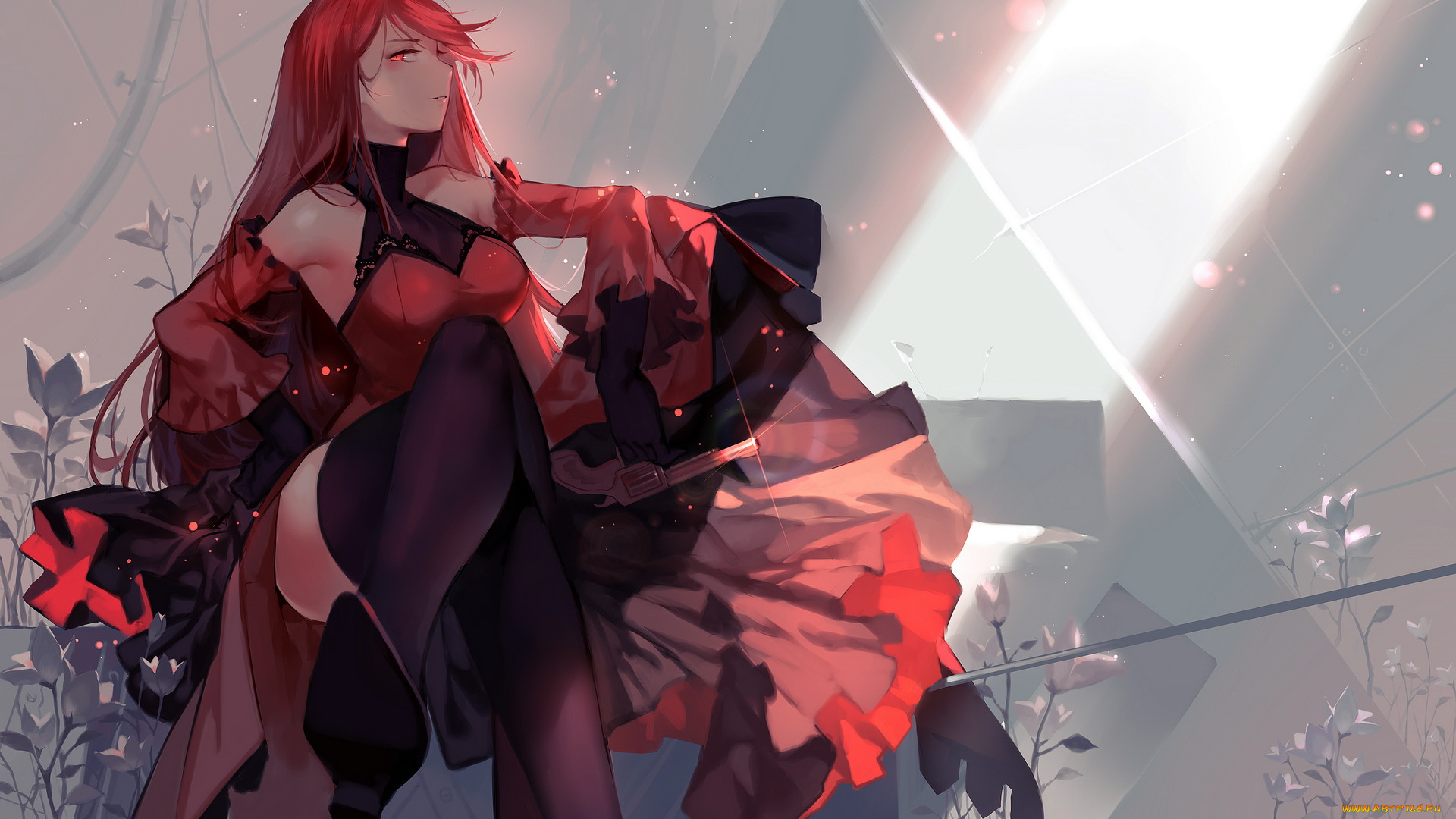 аниме, оружие, , техника, , технологии, платье, фон, револьвер, взгляд, девушка, цветы