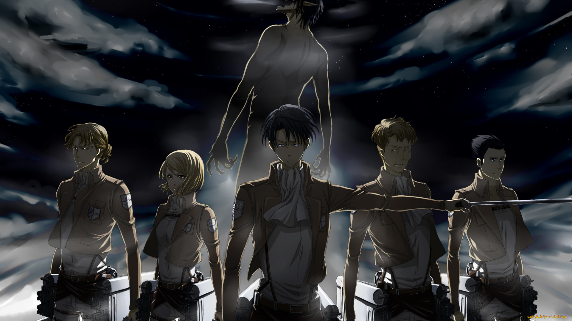 аниме, shingeki, no, kyojin, levi, ackerman, shingeki, no, kyojin, вторжение, гигантов, ночь, титан, солдаты, клинки, военная, форма, christa, lenz