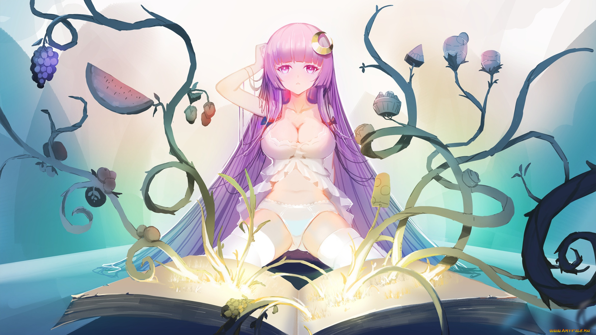 аниме, touhou, арт, bridow, patchouli, knowledge, книга, девушка