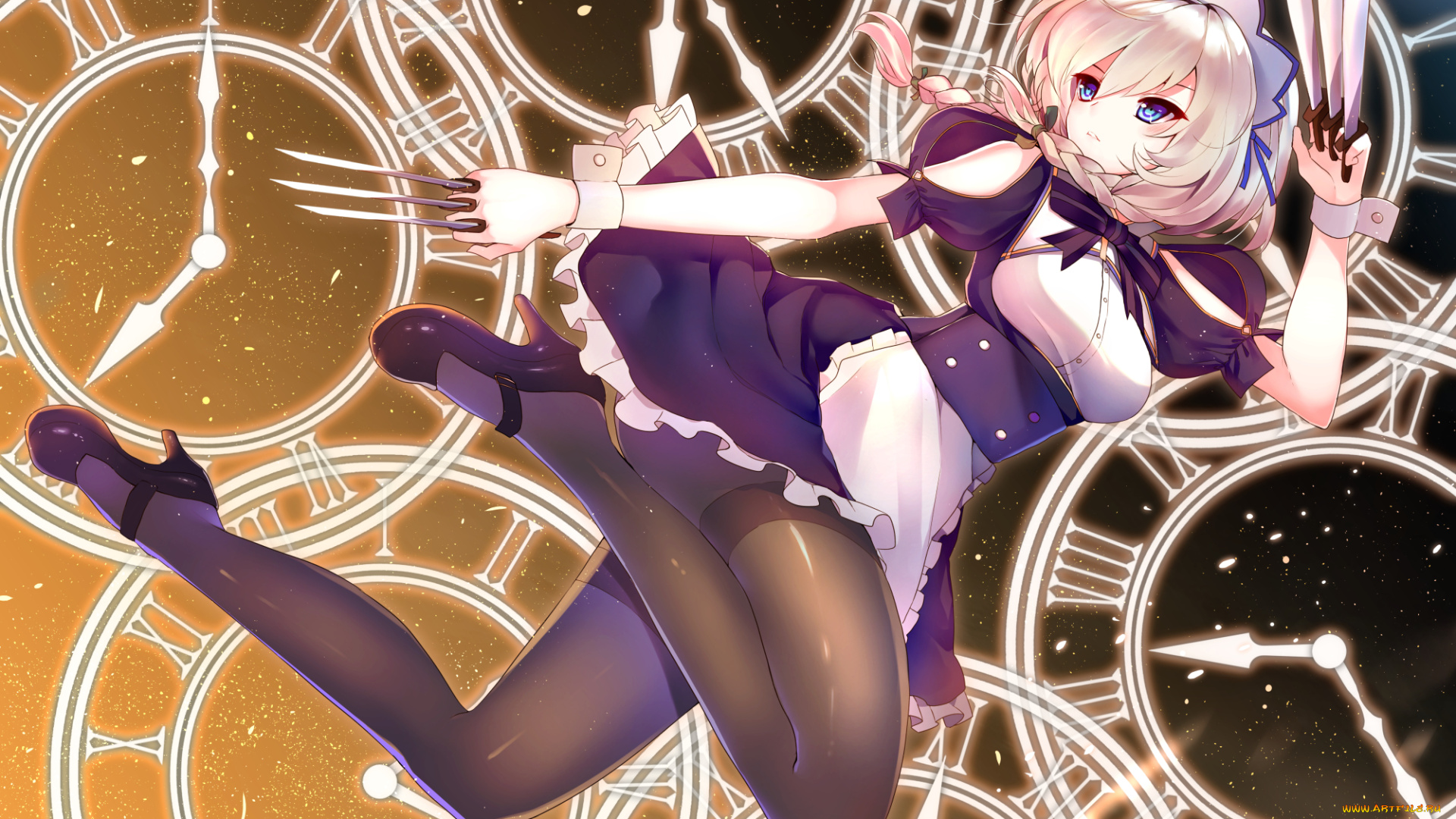 аниме, touhou, девушка, арт, junp, izayoi, sakuya, ножи, часы