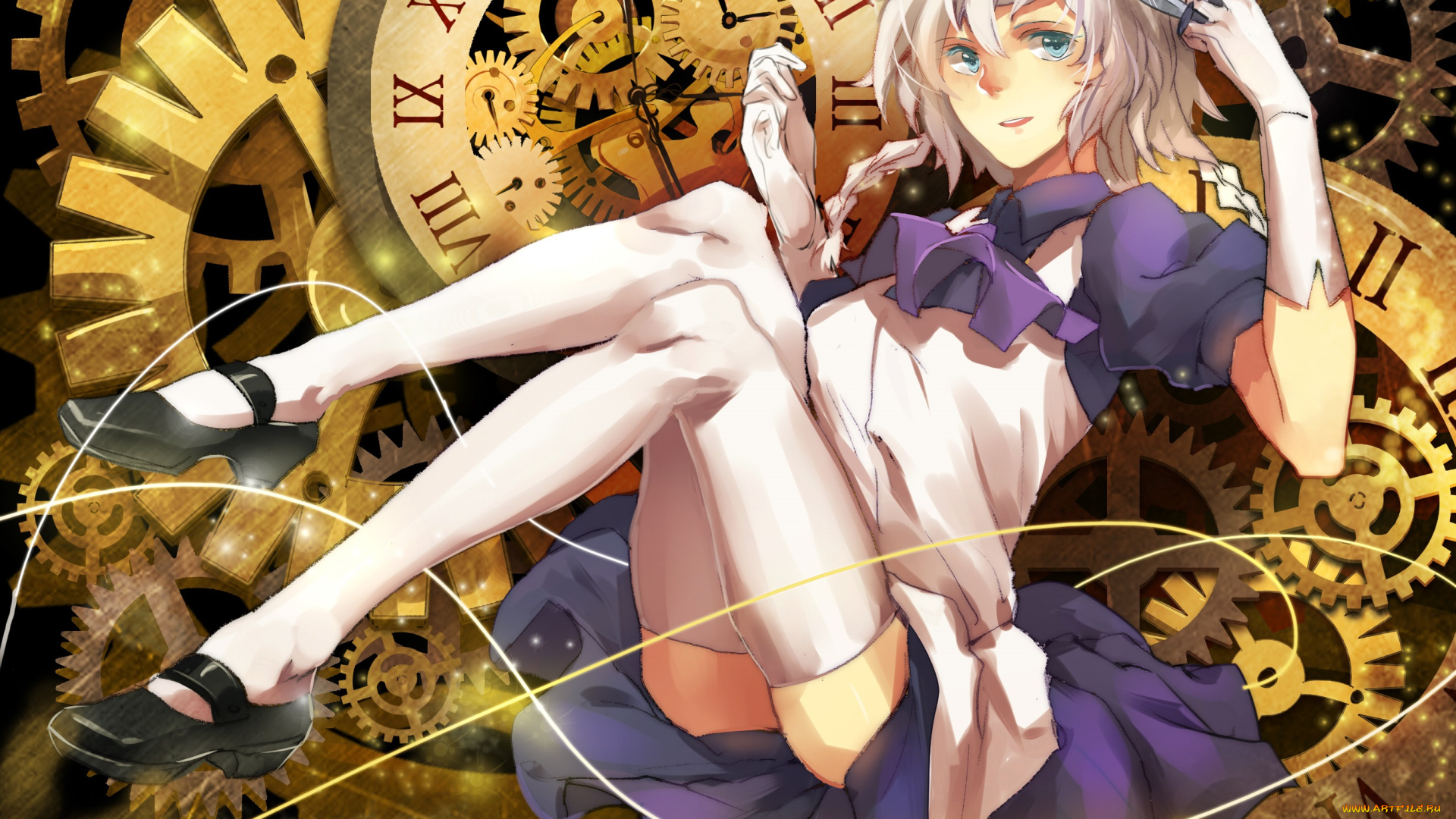 аниме, touhou, izayoi, sakuya, часы, девушка, арт, sunyuqian