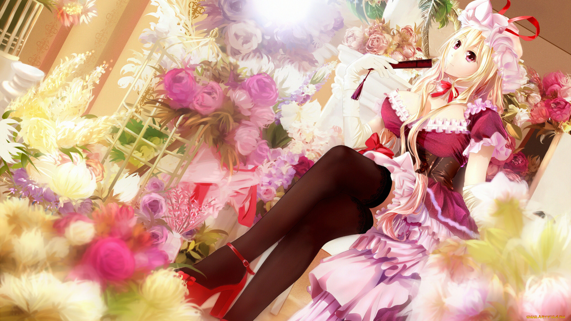 аниме, touhou, клетка, веер, yakumo, yukari, xuan, jing, арт, цветы, сидя, девушка