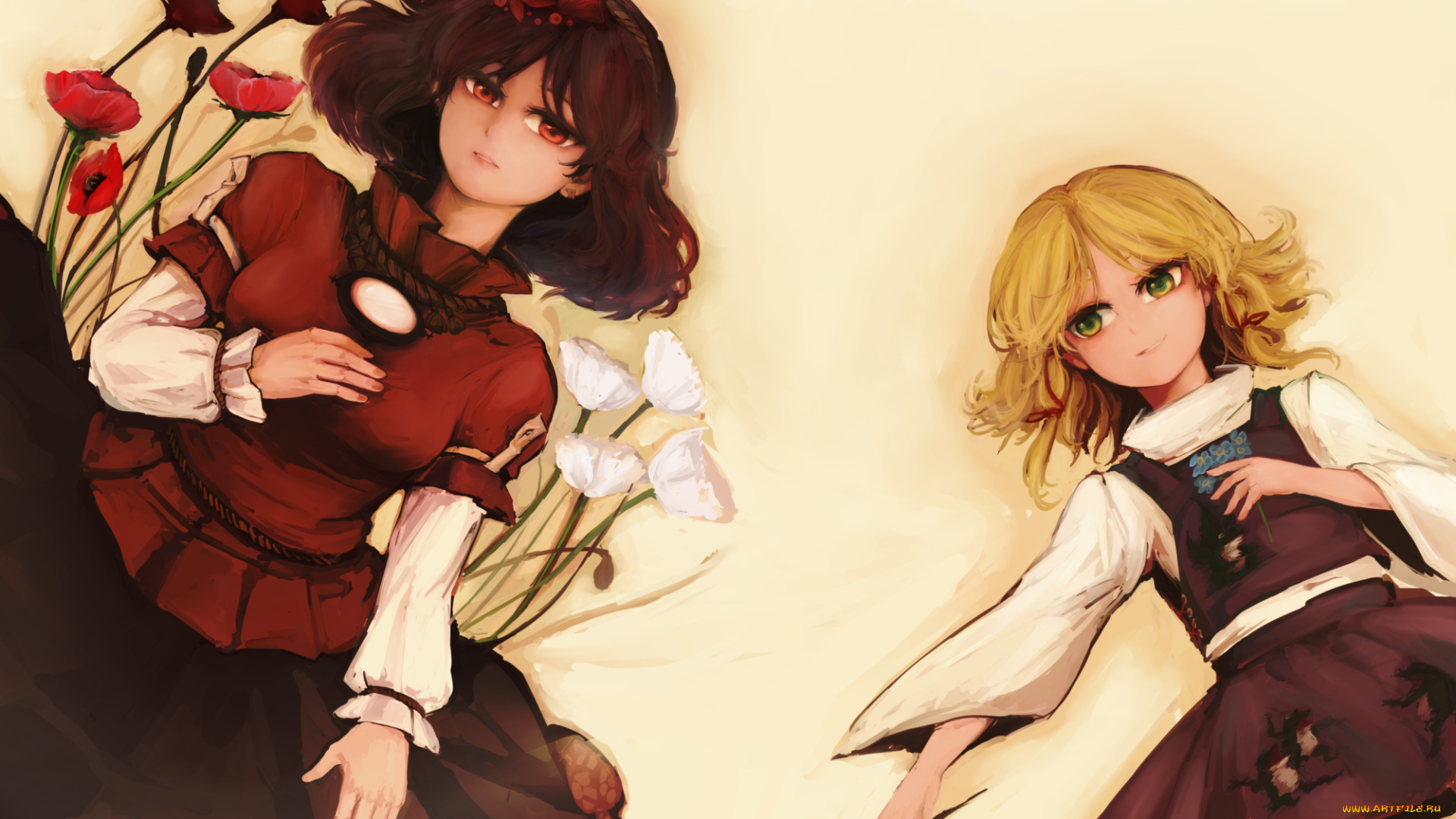 аниме, touhou, moriya, suwako, wataichi, meko, цветы, девушки, арт, yasaka, kanako