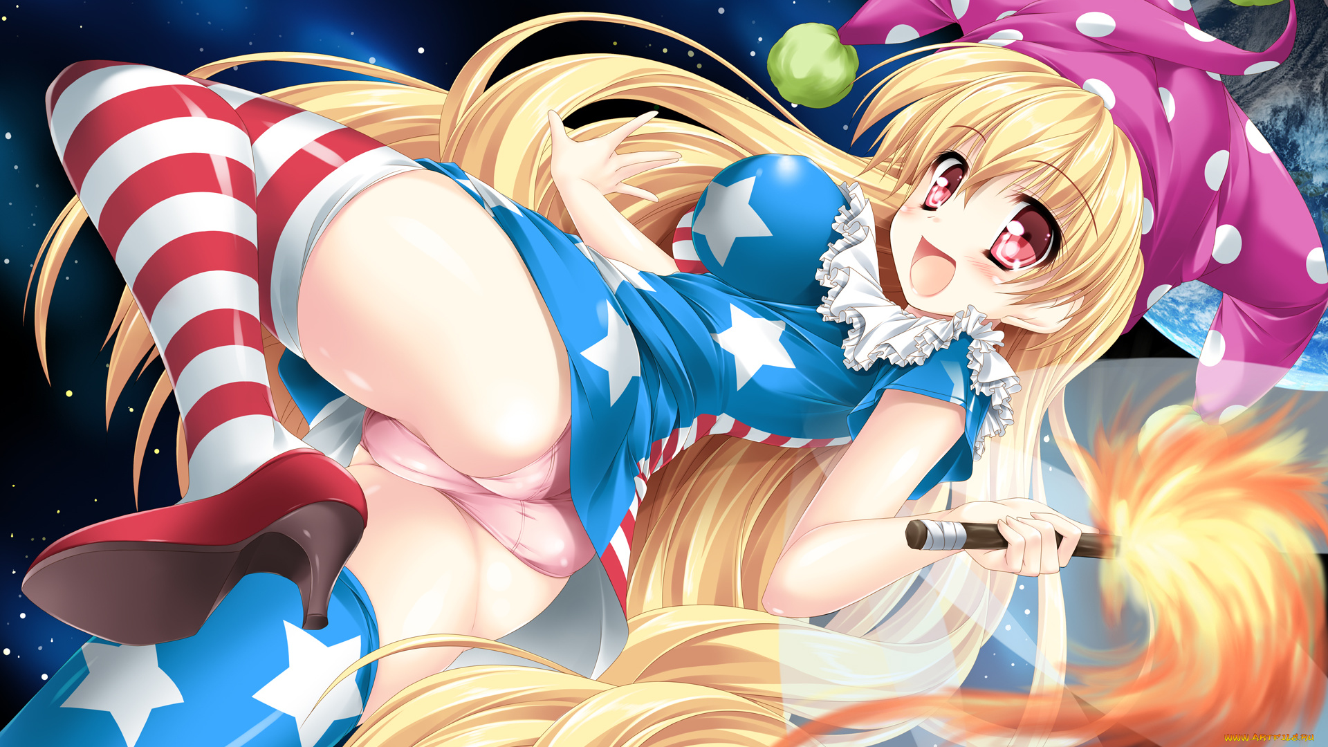 аниме, touhou, трусики, девушка, арт, kamiya, tomoe, clownpiece