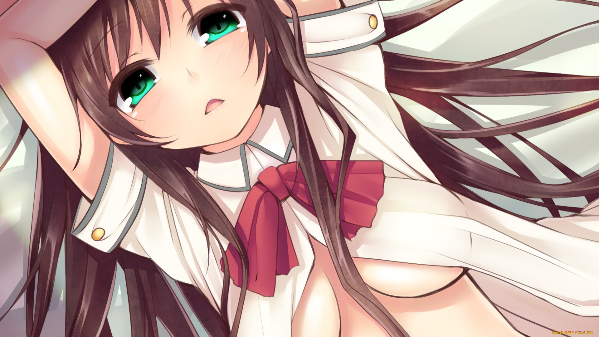 аниме, unknown, , другое, бант, фон, взгляд, рубашка, девушка