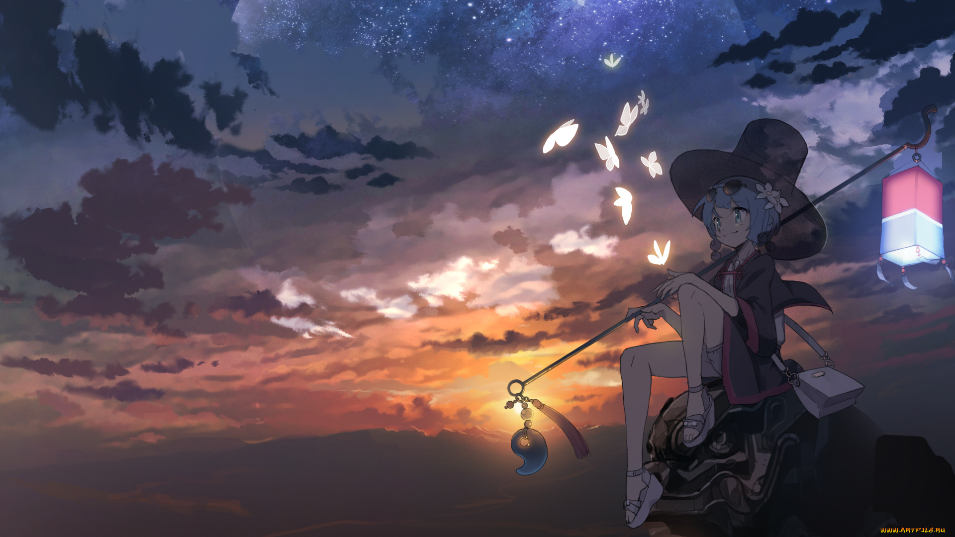 аниме, unknown, , другое, девочка, crusaders, quest, ночь, планета, korin, арт, bek, ung, фонарь, закат