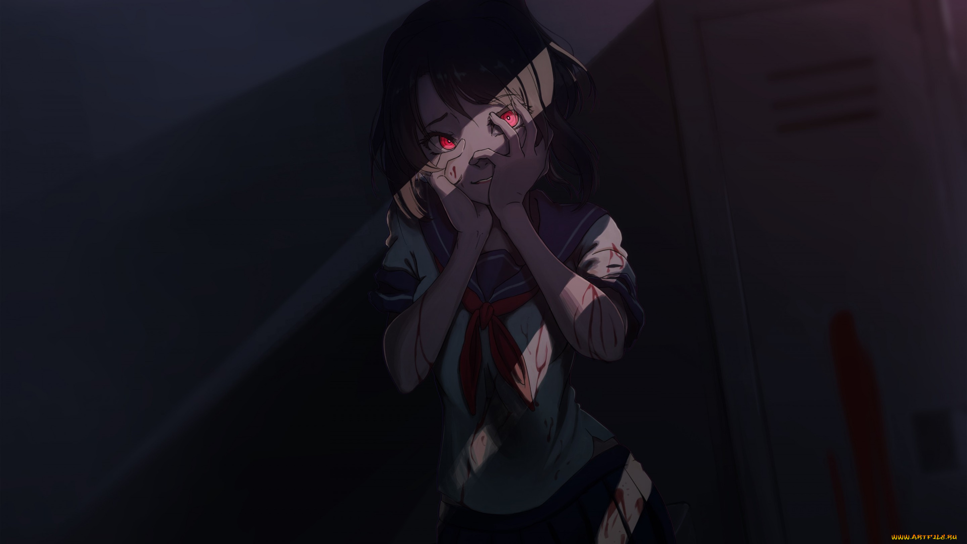 аниме, unknown, , другое, девушка, yandere-chan, yandere, simulator, that-bleach-fan, арт, кровь, темнота, школьница, форма
