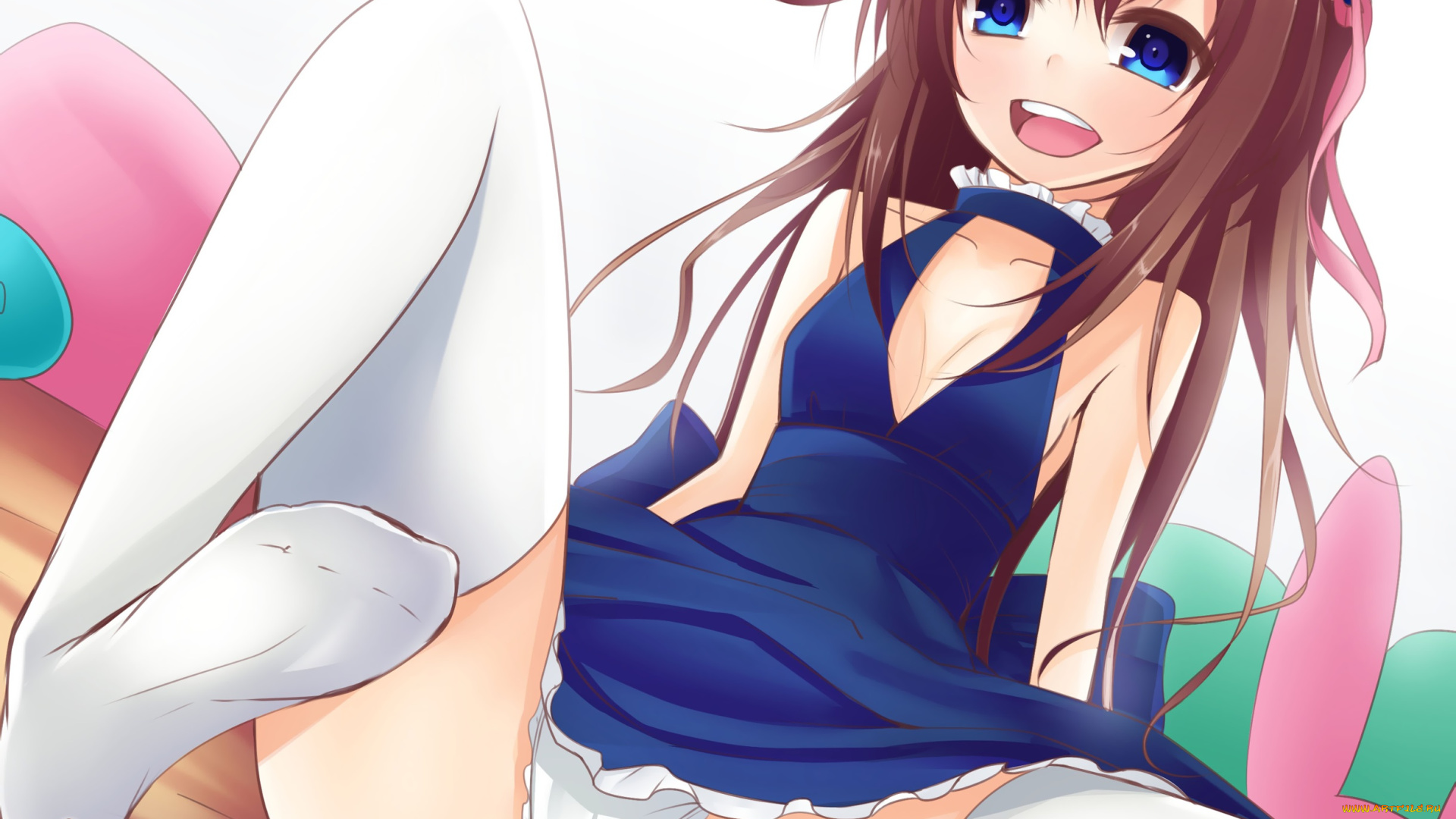 аниме, unknown, , другое, платье, шляпка, ленты, девушка, фон, взгляд, нижнее, белье, чулки