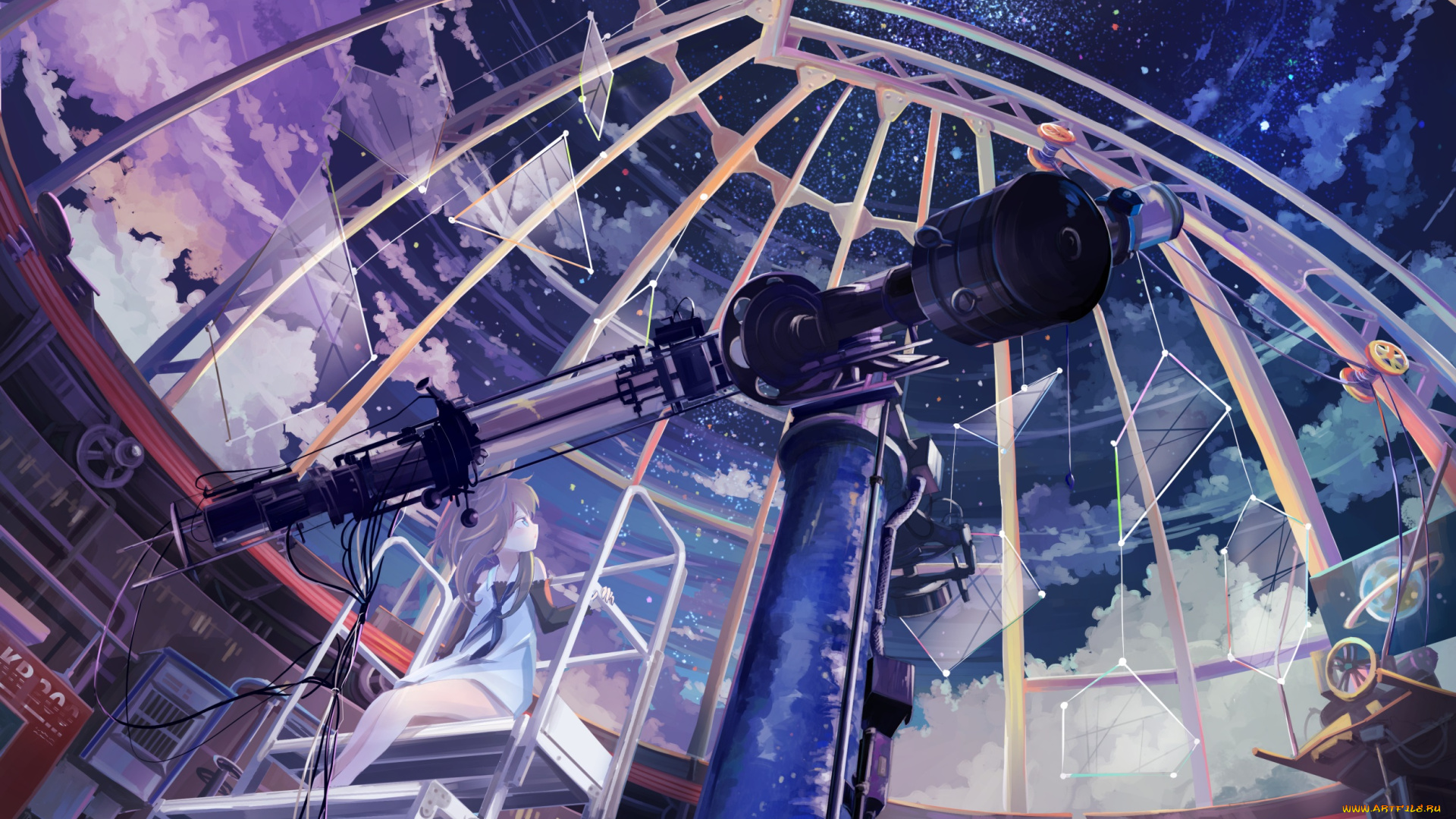 аниме, unknown, , другое, remosse512, арт, девочка, ночь, телескоп, звёздное, небо