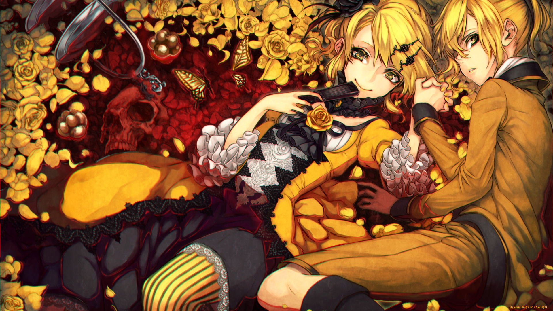 аниме, vocaloid, kagamine, len, rin, tagme, artist, арт, мальчик, девочка, цветы, веер