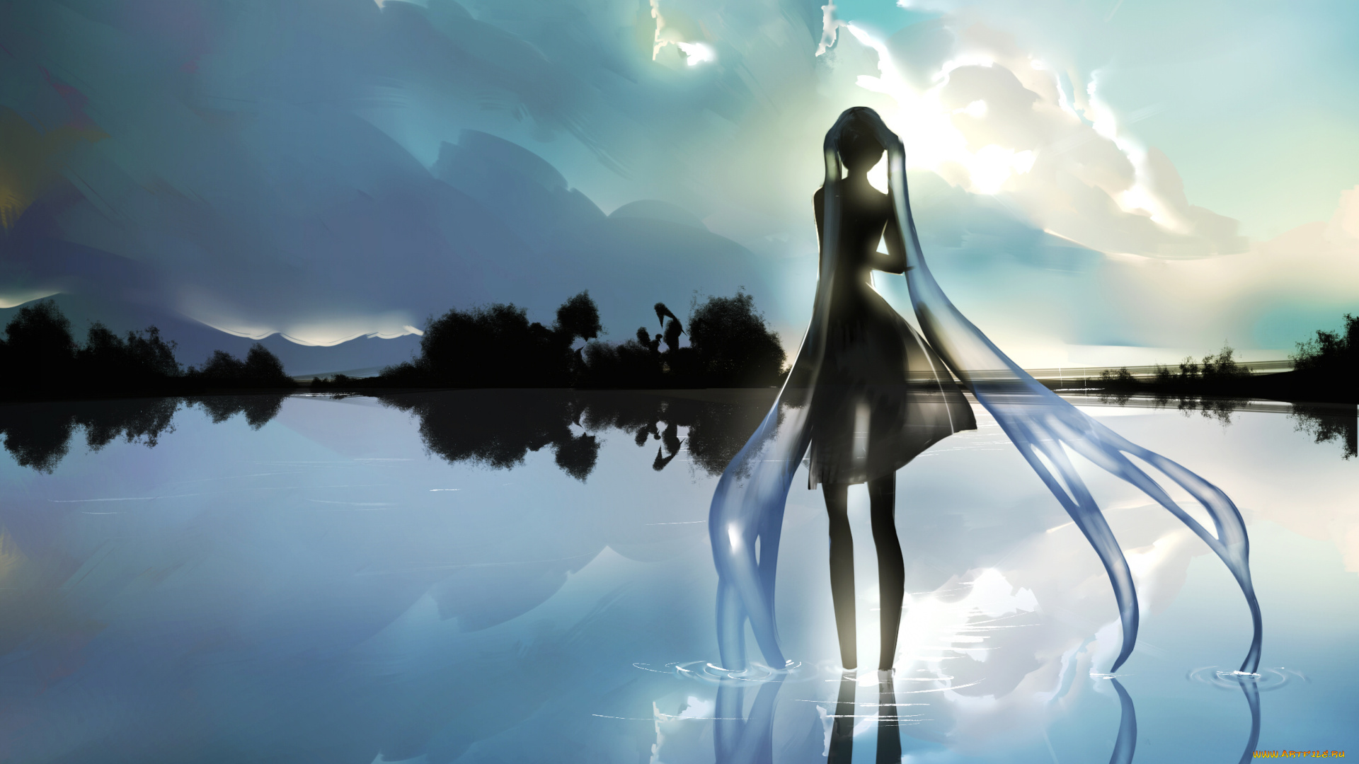 аниме, vocaloid, kamachi, kamachi-ko, hatsune, miku, девушка, отражение, вода, небо, арт