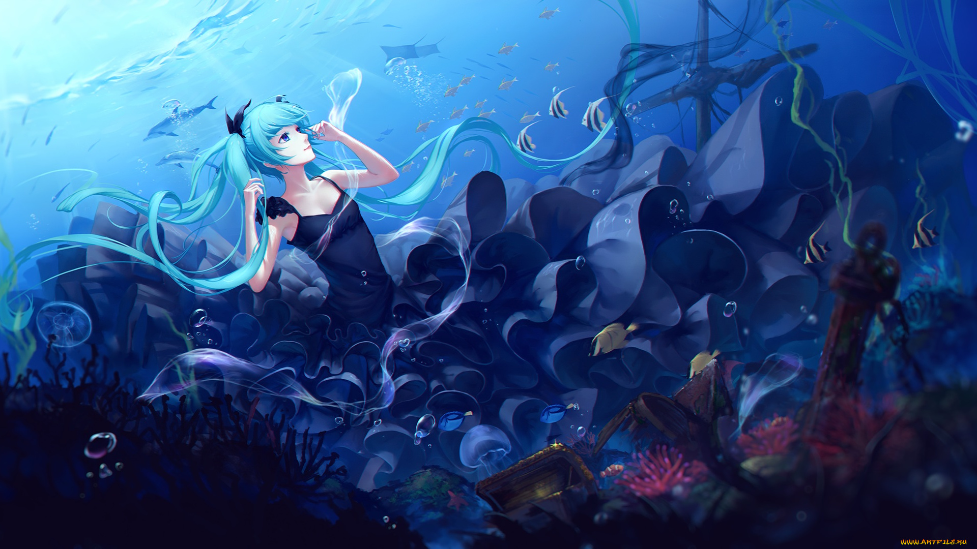 аниме, vocaloid, море, арт, вода, платье, девушка, рыбки, sombernight, hatsune, miku