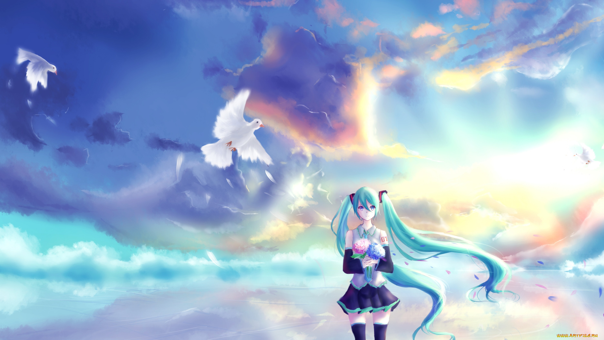 аниме, vocaloid, небо, девушка, цветы, арт, hatsune, miku, голуби