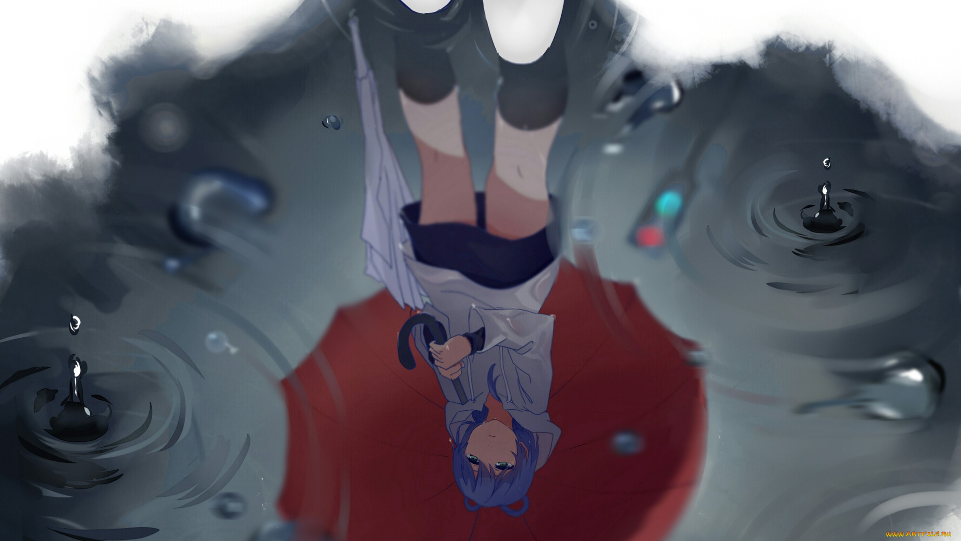 аниме, vocaloid, отражение, дождь, лужа, зонт, девочка, china, арт