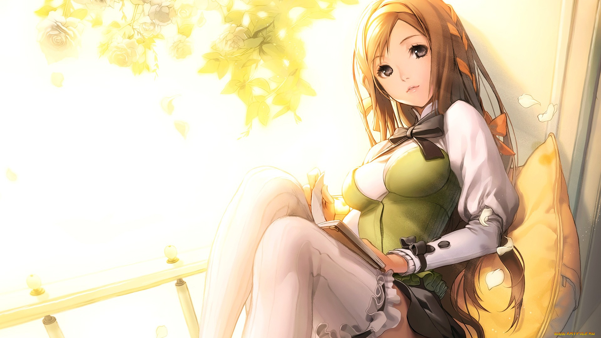 аниме, vocaloid, подушка, фон, взгляд, девушка