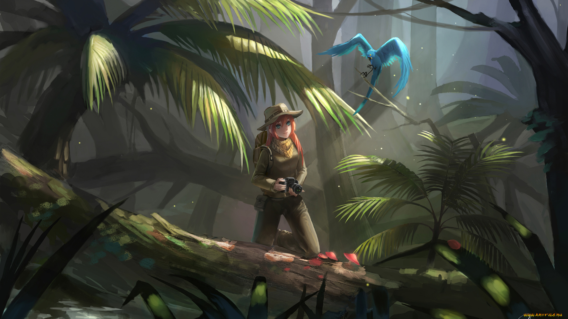 аниме, vocaloid, тропики, попугай, фотоаппарат, megurine, luka, shon, лес, арт, девушка