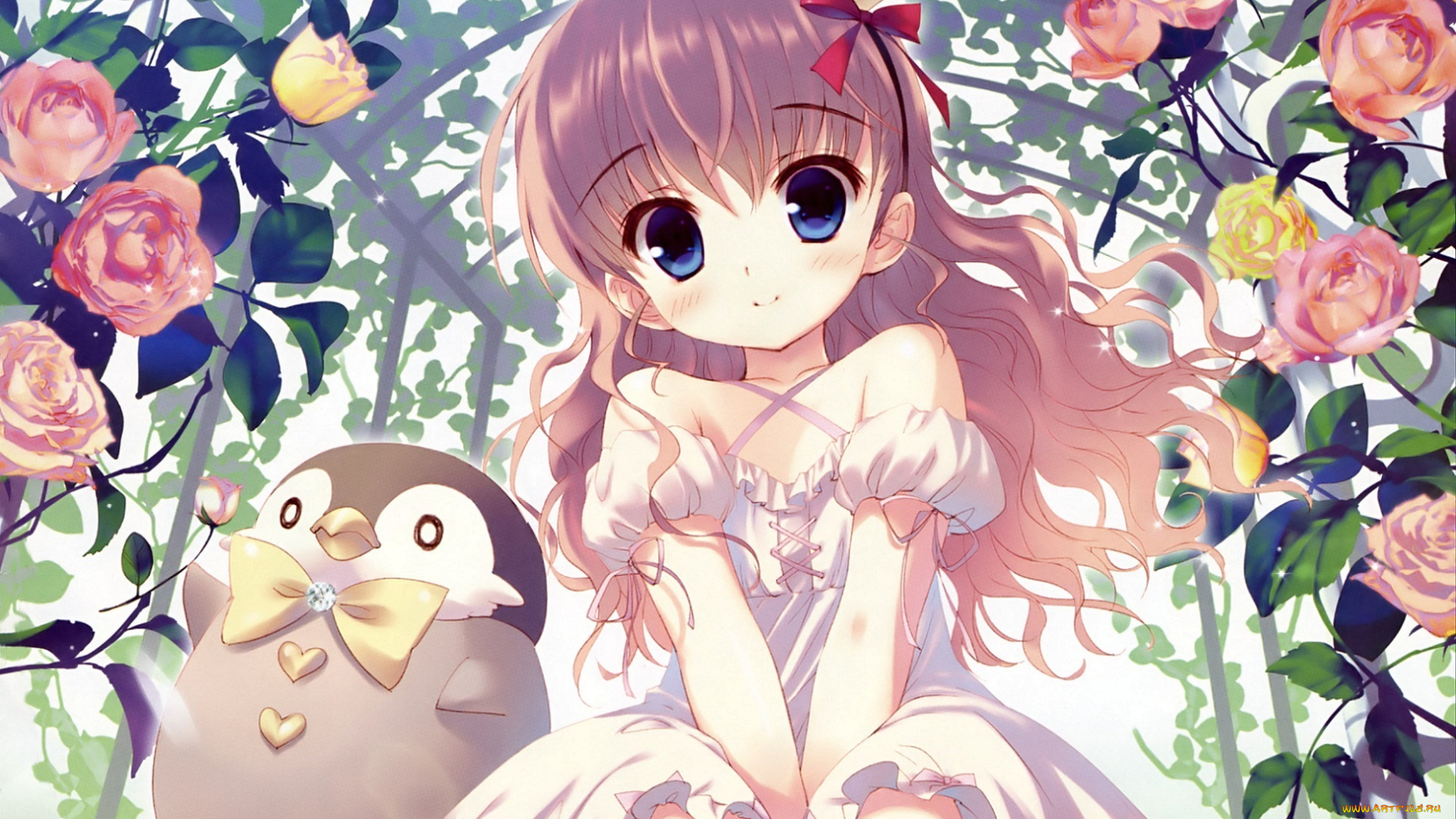 аниме, животные, , существа, девочка, пингвин, розы