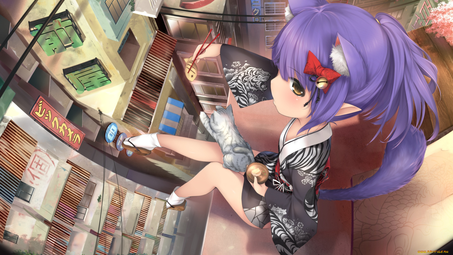 аниме, животные, , существа, неко, котёнок, kopianget, город, девушка, арт