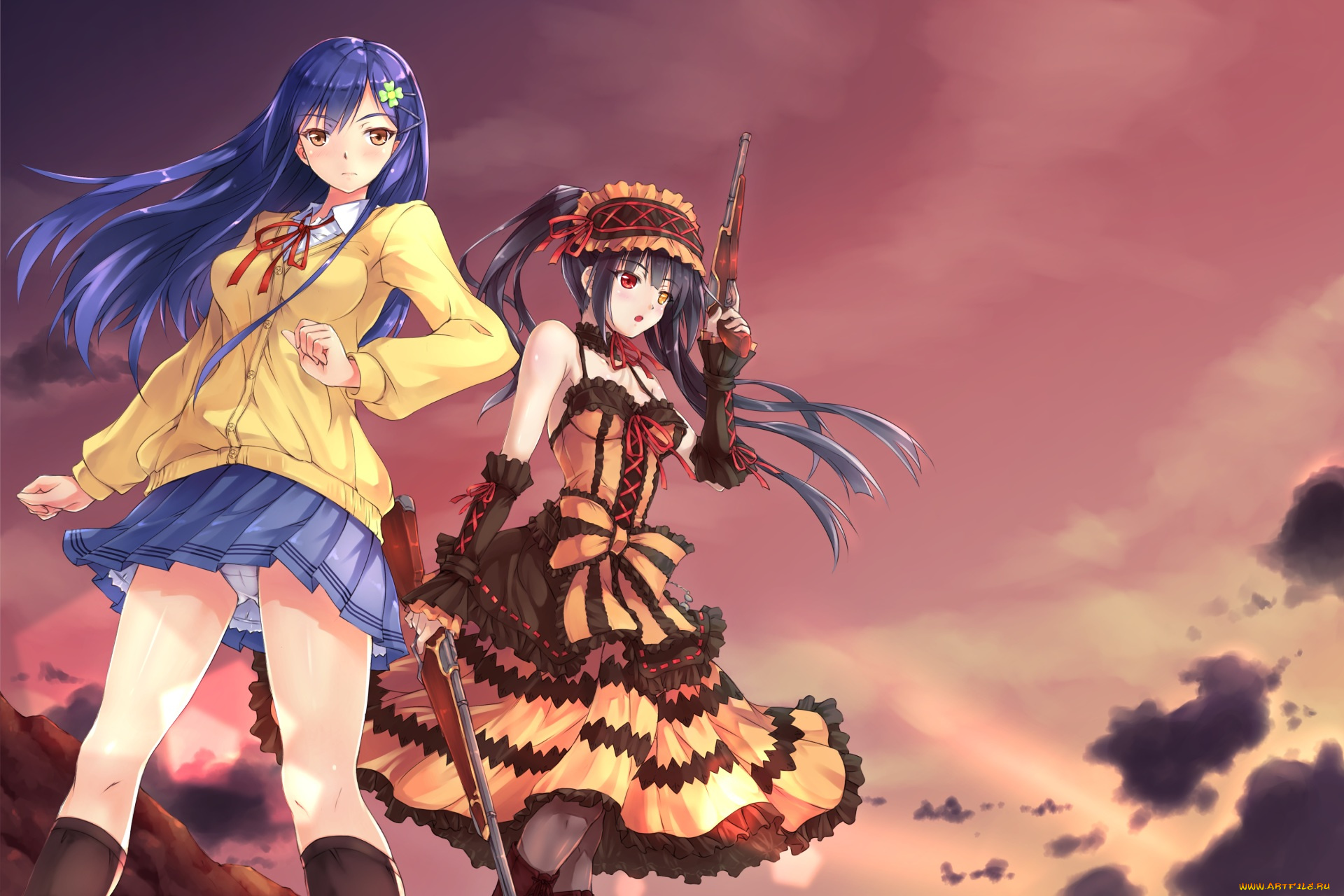 аниме, date, a, live, tokisaki, kurumi, itsuka, shidou, date, a, live, девушки, арт, follen, 639594, пистолеты