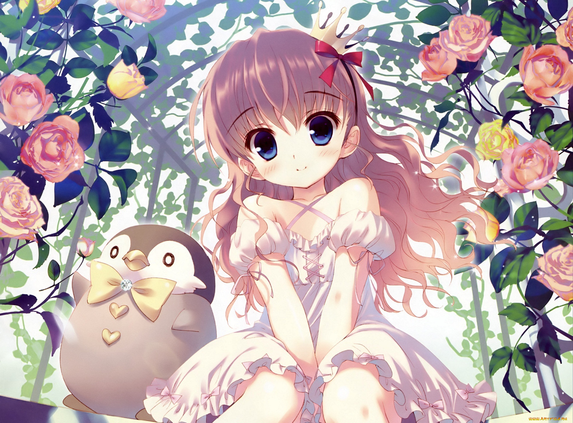 аниме, животные, , существа, девочка, пингвин, розы