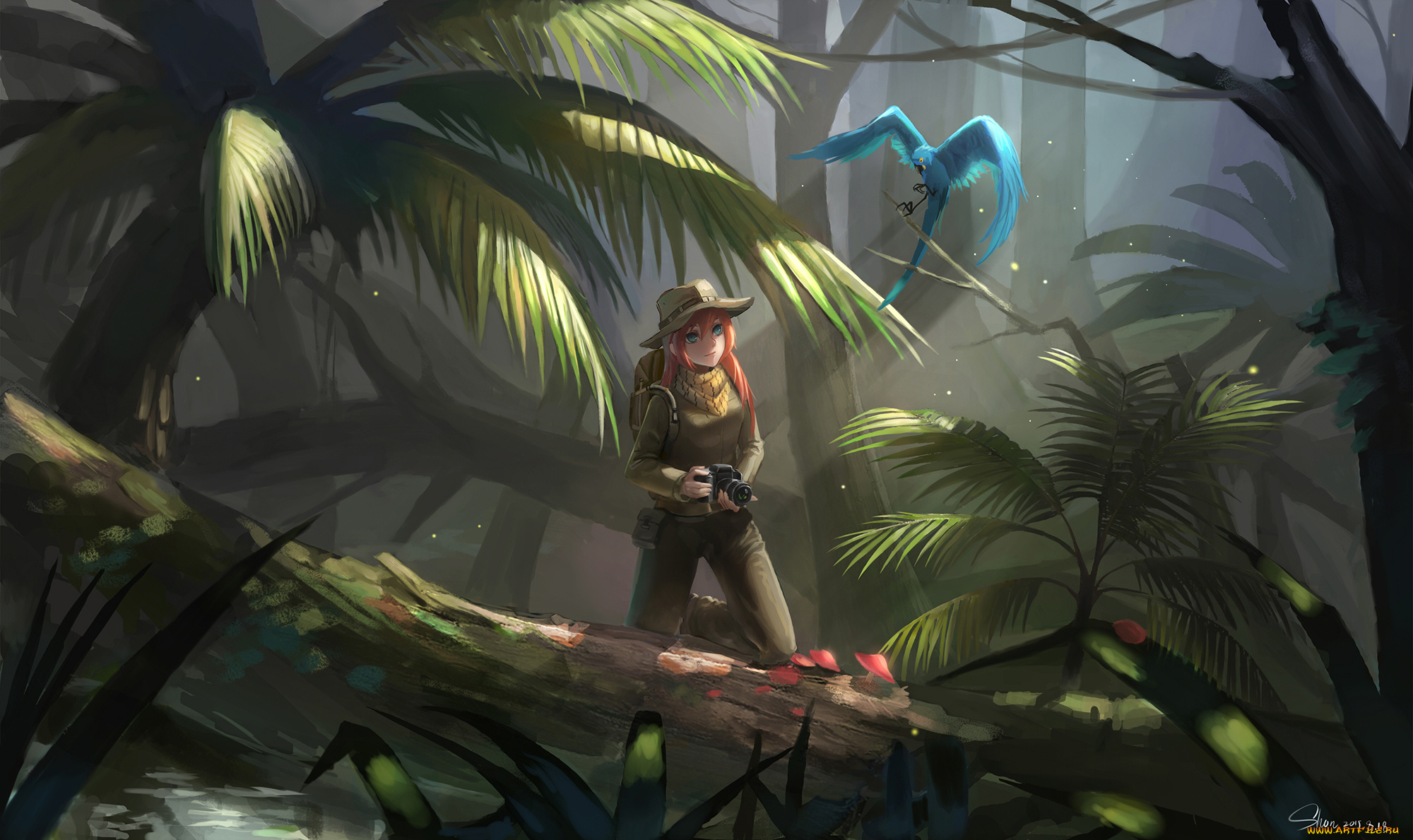 аниме, vocaloid, тропики, попугай, фотоаппарат, megurine, luka, shon, лес, арт, девушка